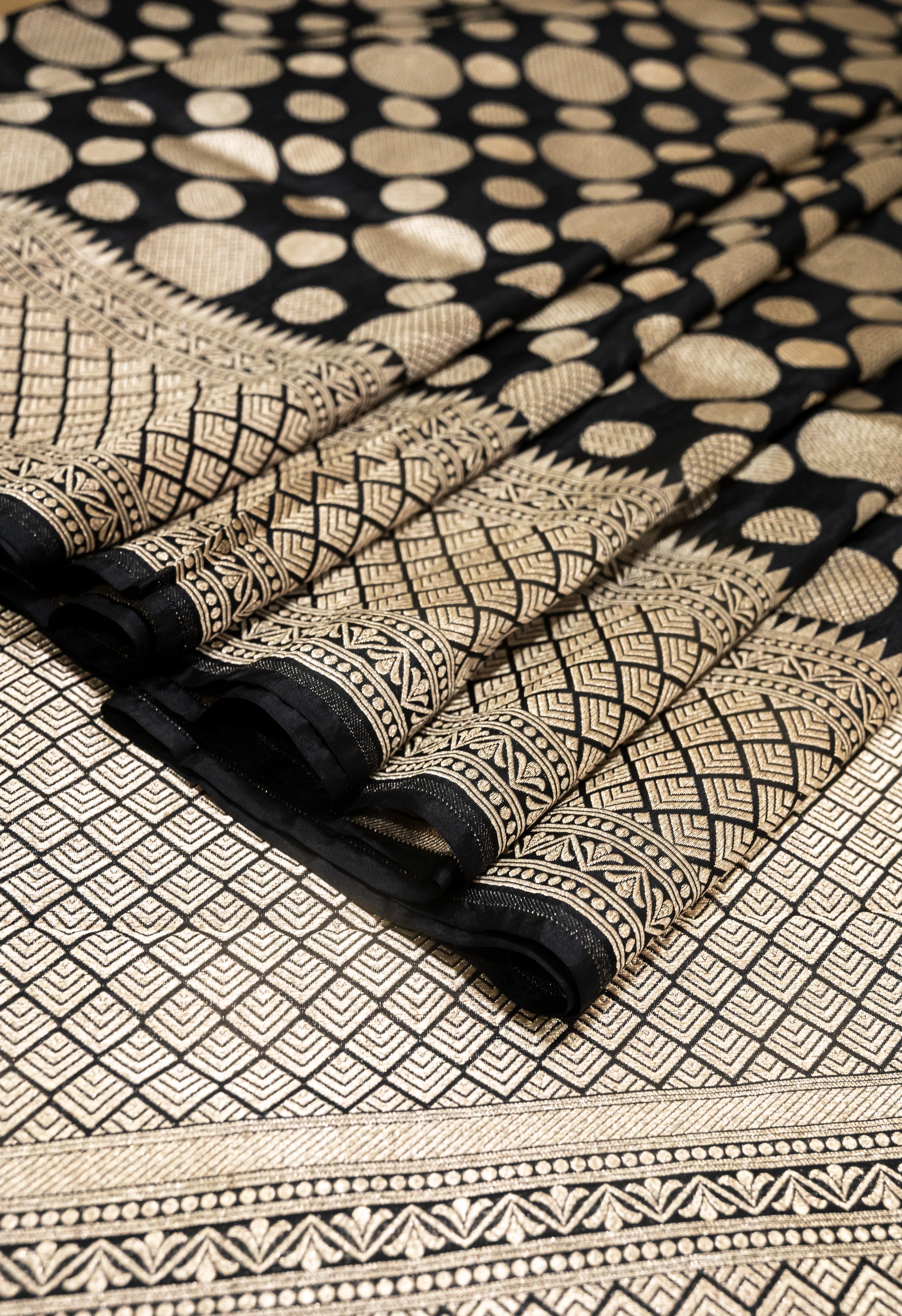 Pure Katan Silk Banarasi Handwoven Saree | Black with Gold Zari Buta | Uppada Weave | Bridal Wedding Saree