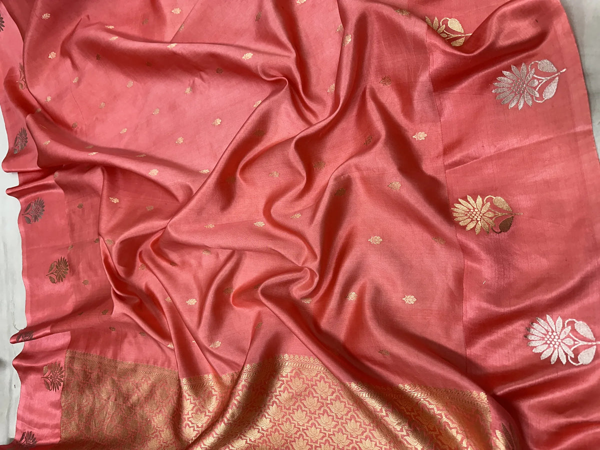 Pure Raw Mango Silk Banarasi Handloom Saree | Kadhwa Weave | Coral Pink Zari Booti