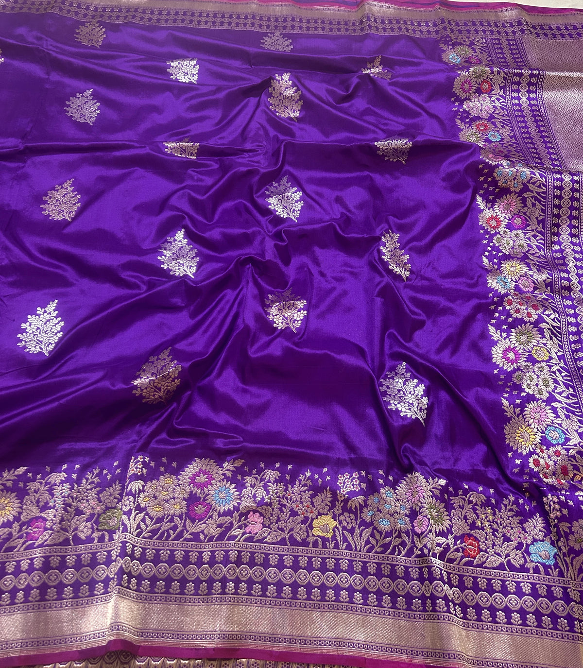 Royal Purple Pure Katan Silk Kadhwa Buta Handloom Banarasi Saree with Intricate Meenakari Floral Border