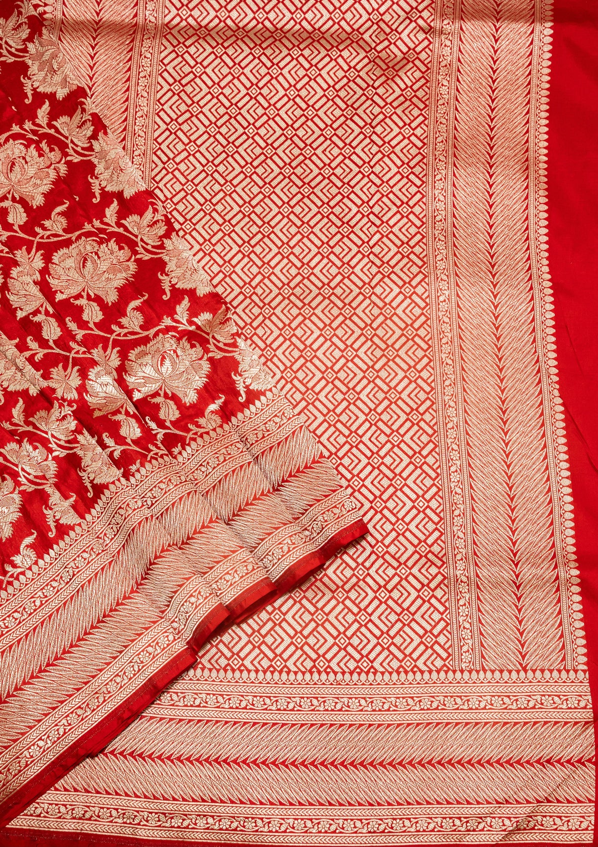 Red Uppada Jaal Pure Katan Silk Banarasi Handwoven Saree — Dense Floral Vine Gold Zari