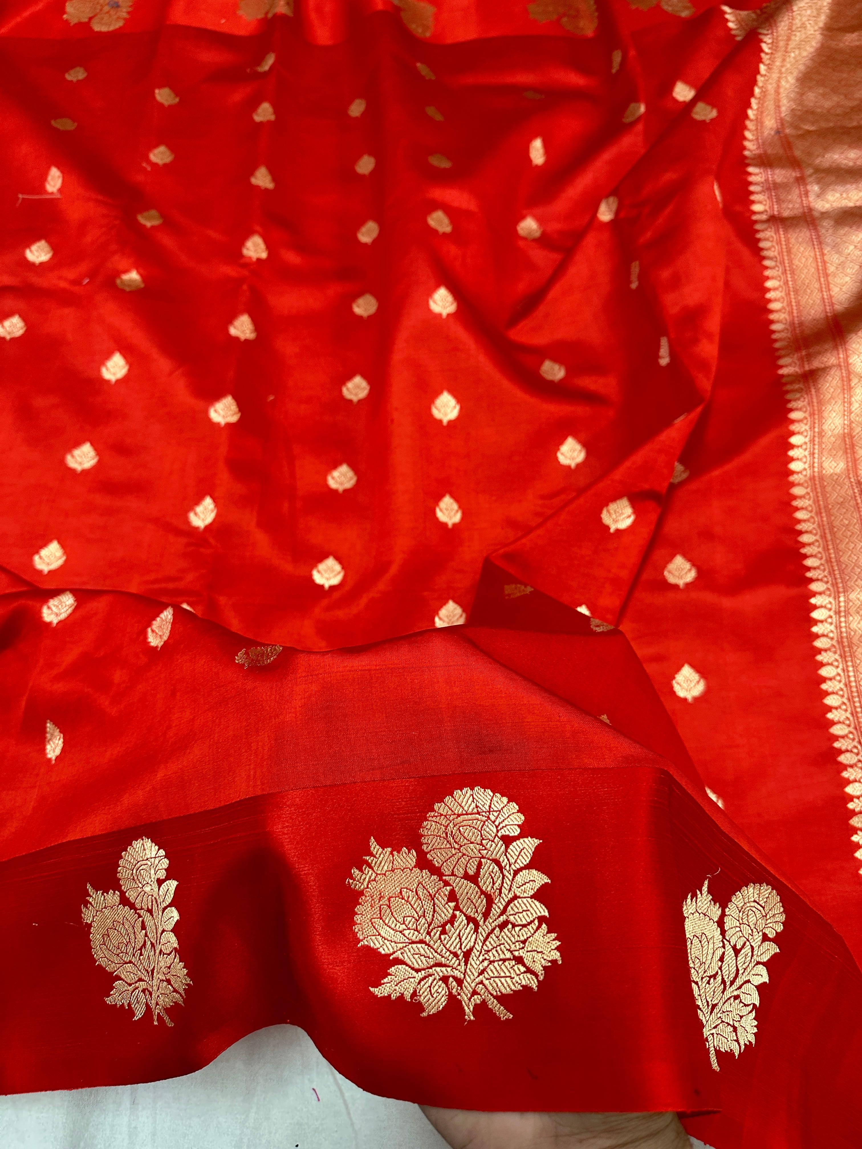 Pure Raw Mango Silk Banarasi Handloom Saree | Kadhwa Weave | Red Gold Zari Floral Booti