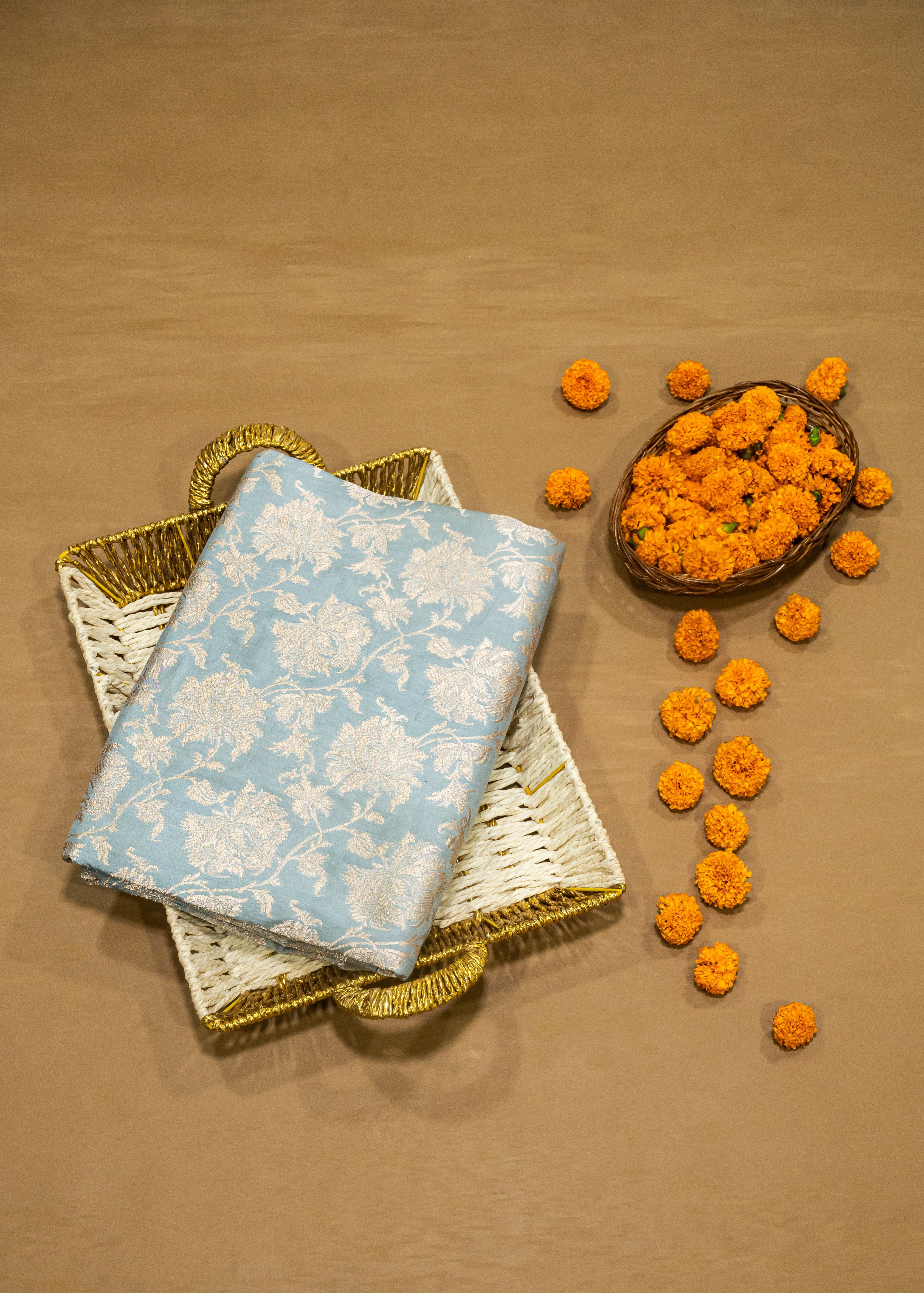 Pure Katan Silk Banarasi Handwoven Saree | Powder Blue with Gold Zari Jaal | Uppada Weave | Bridal Wedding Saree
