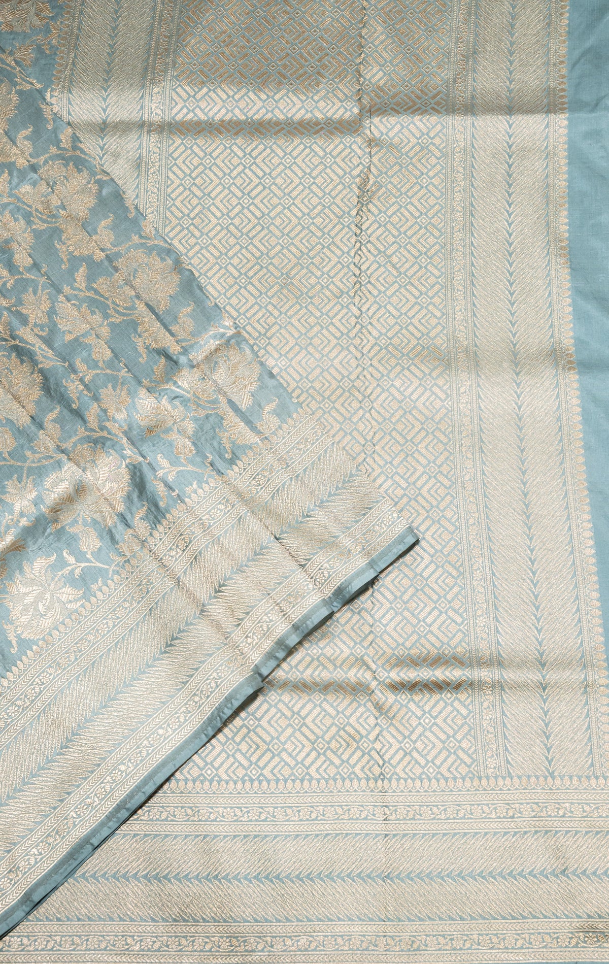 Pure Katan Silk Banarasi Handwoven Saree | Powder Blue with Gold Zari Jaal | Uppada Weave | Bridal Wedding Saree