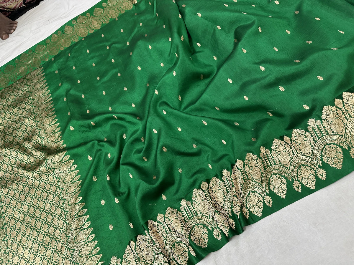 Pure Raw Mango Silk Banarasi Handloom Saree | Kadhwa Weave | Bottle Green Gold Zari