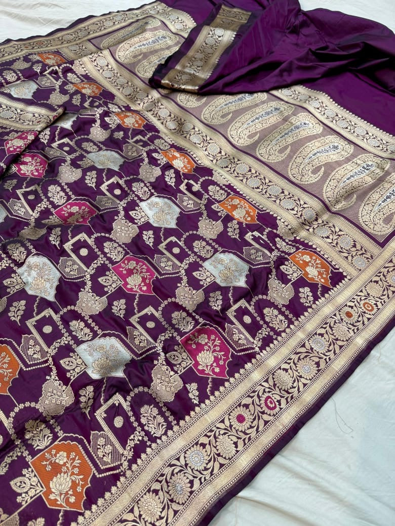 Pure Katan Silk Tilfi Minakari Banarasi Saree – Big Buta Motifs & Heavy Pallu