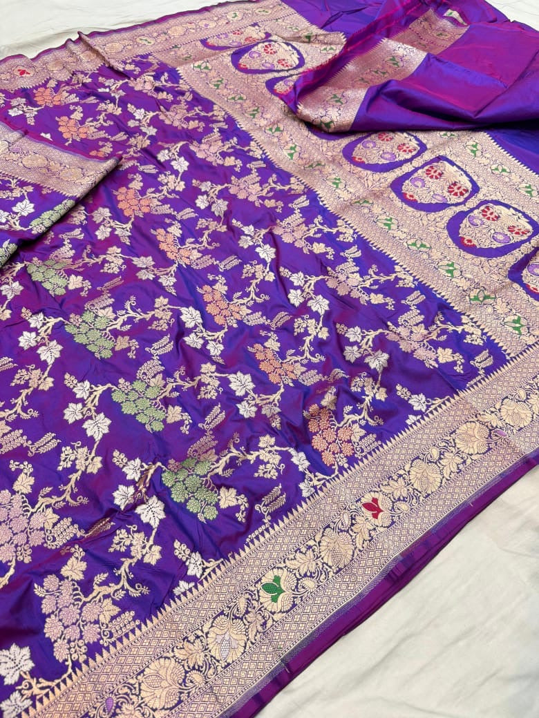 Pure Katan Silk Tilfi Minakari Banarasi Saree – Big Buta Motifs & Heavy Pallu