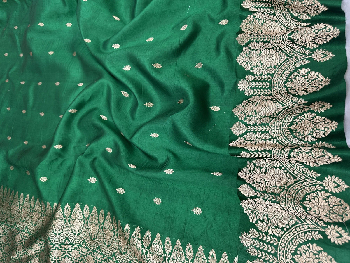 Pure Raw Mango Silk Banarasi Handloom Saree | Kadhwa Weave | Bottle Green Gold Zari