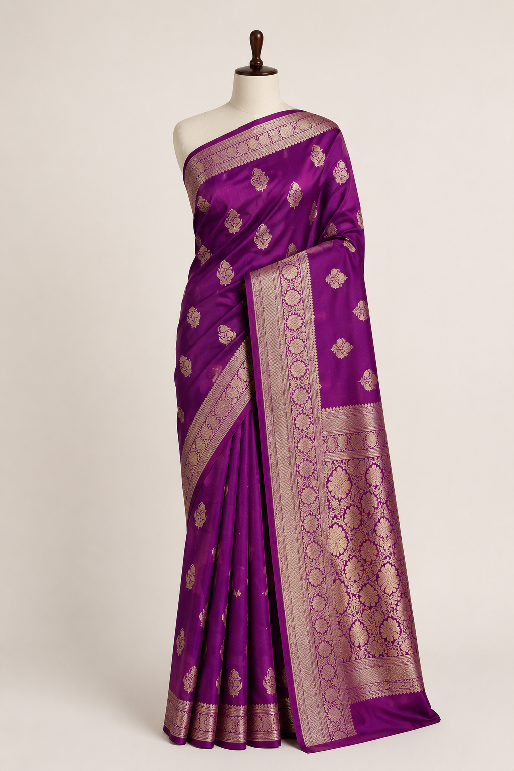 Pure Katan Silk Banarasi Handloom Kadhwa Buta Saree in Royal Purple with Antique Gold Zari