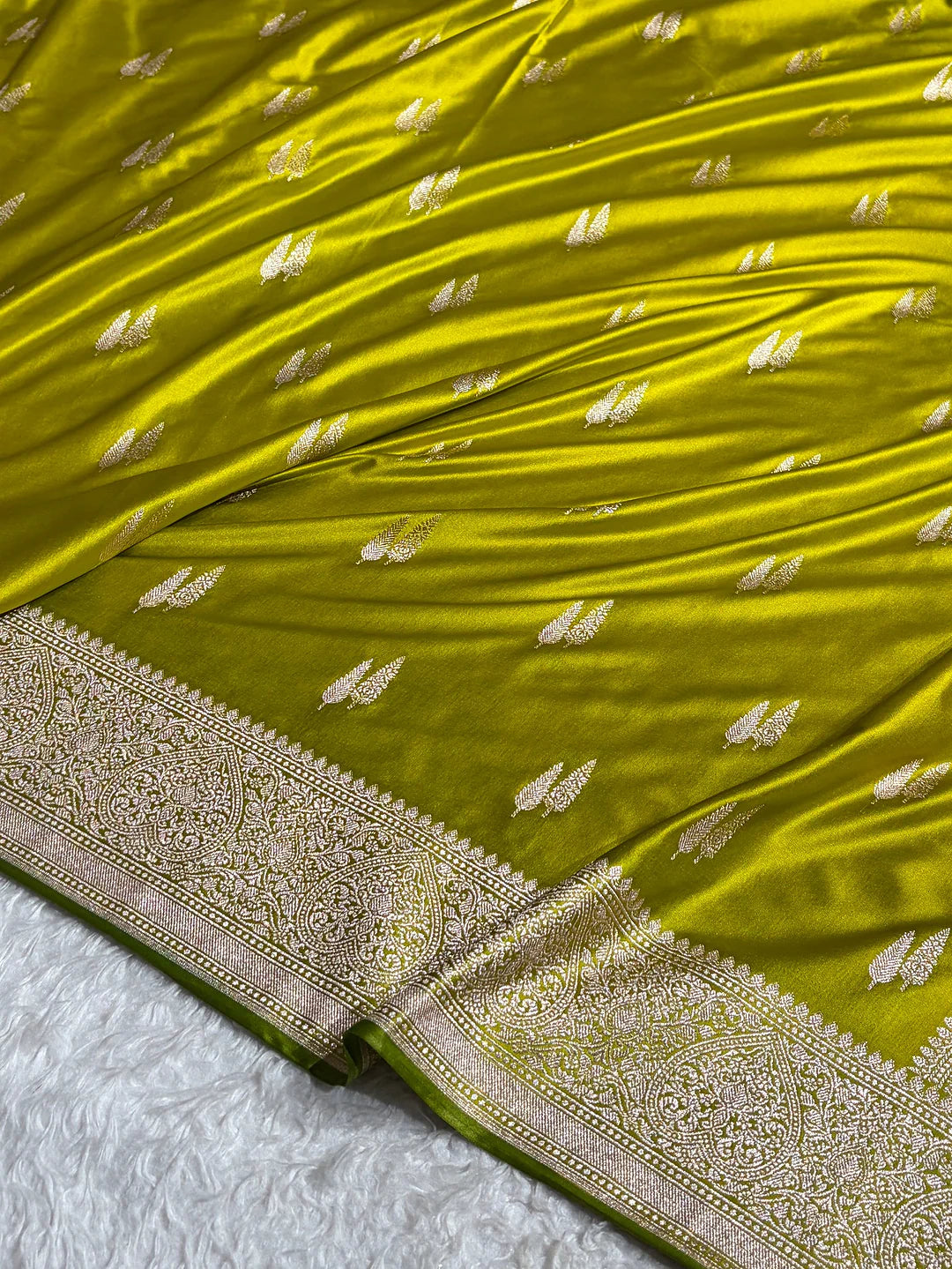 Silver Leaves — Mashru Silk Saree in Chartreuse Green