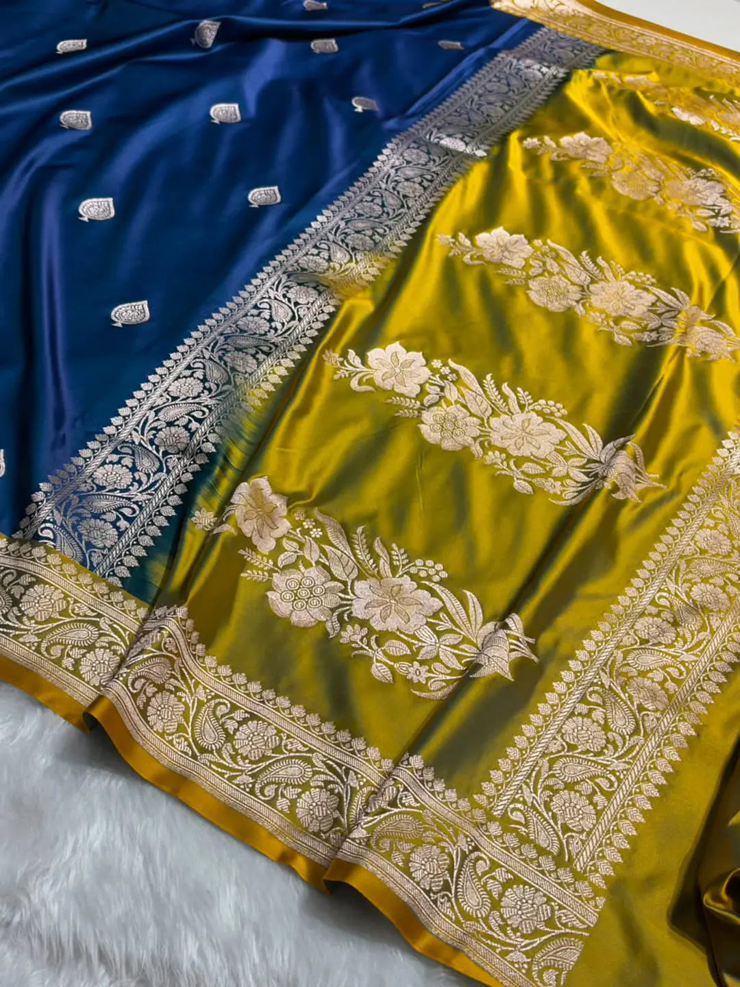 Sapphire Marigold — Mashru Silk Banarasi Saree in Navy Blue