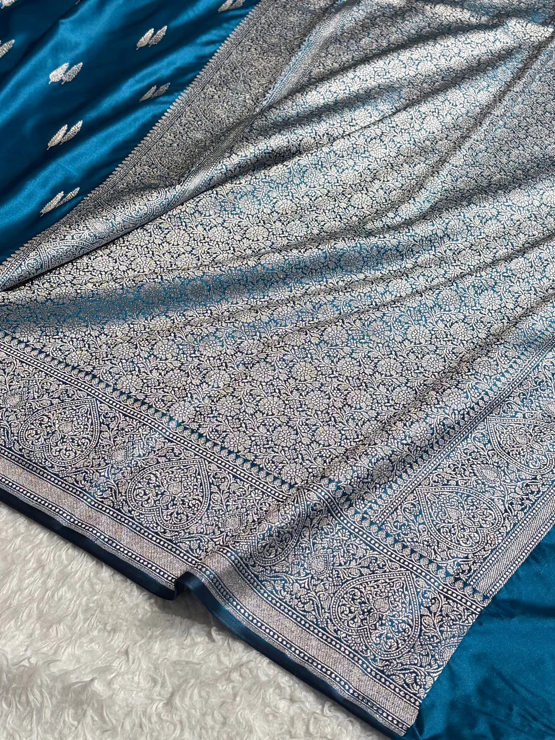 Silver Feathers — Mashru Silk Saree in Deep Teal