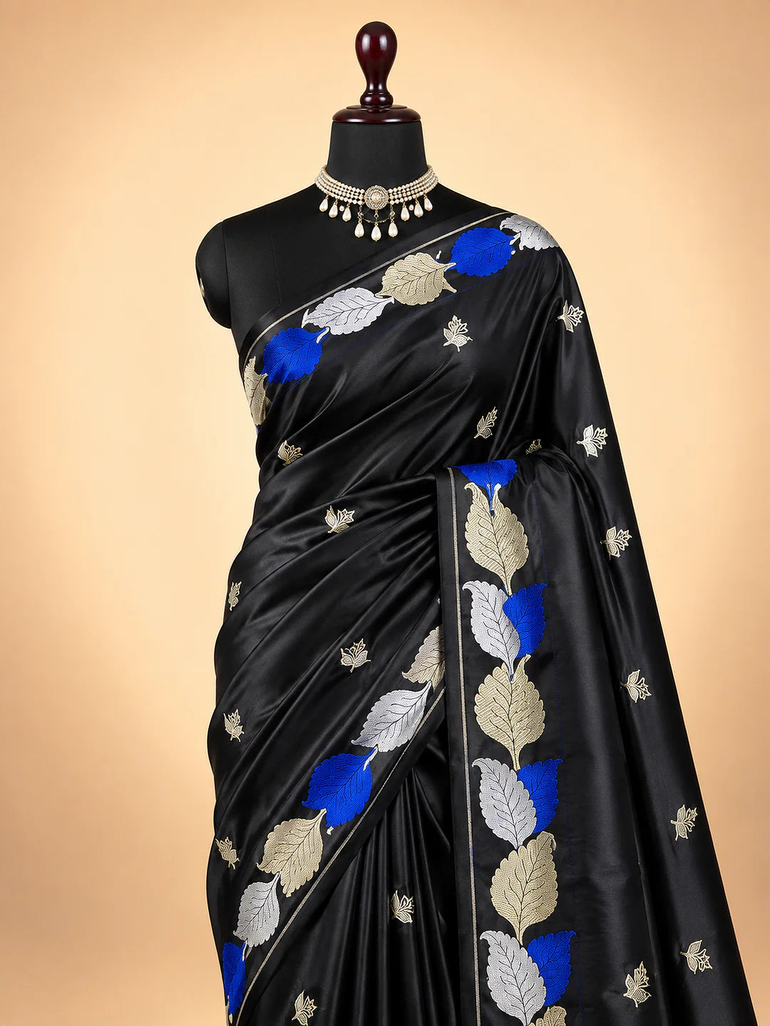 Midnight Leaves — Mashru Silk Banarasi Saree in Black