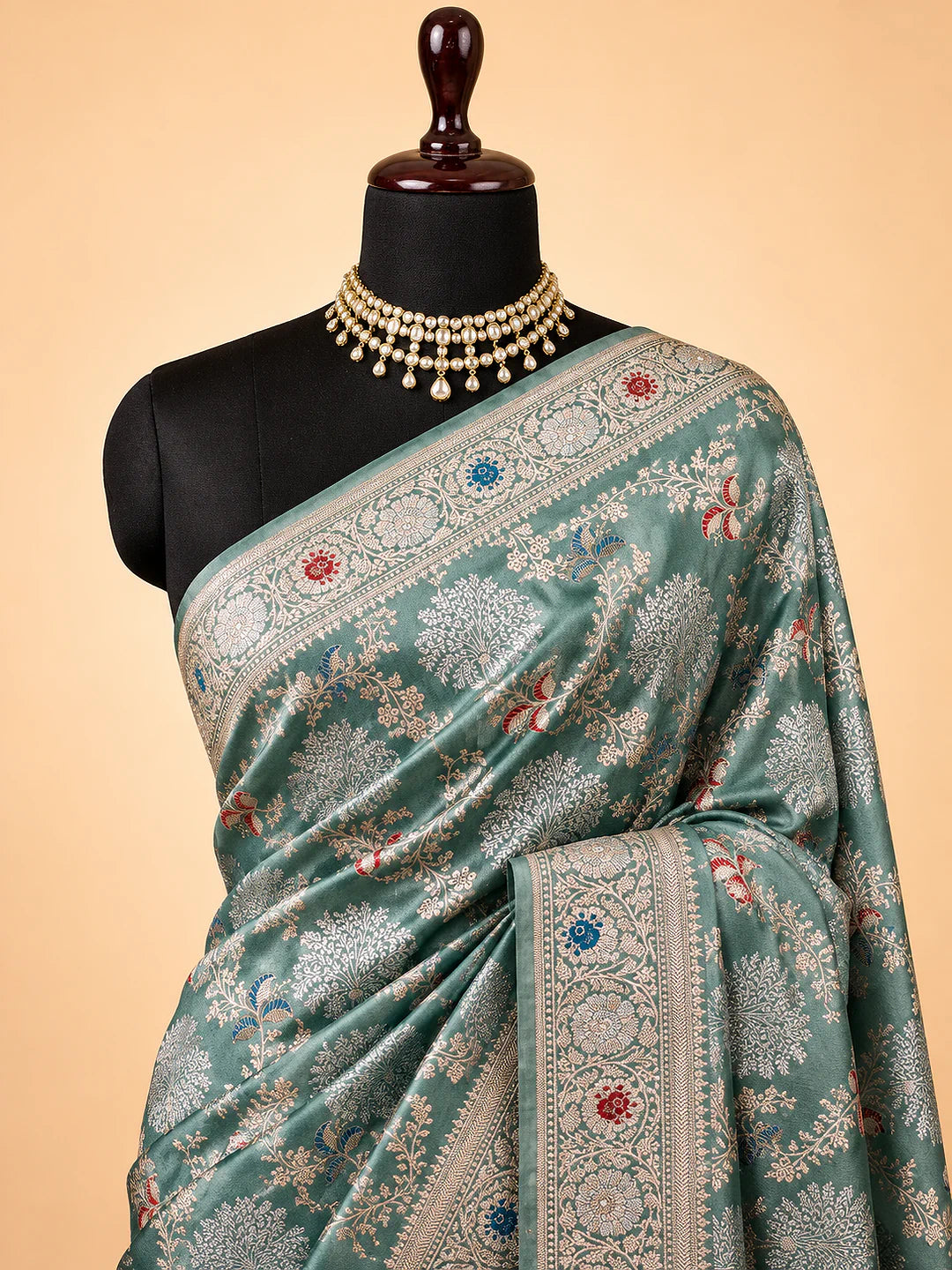 Silver Garden — Mashru Silk Banarasi Saree in Sage Green