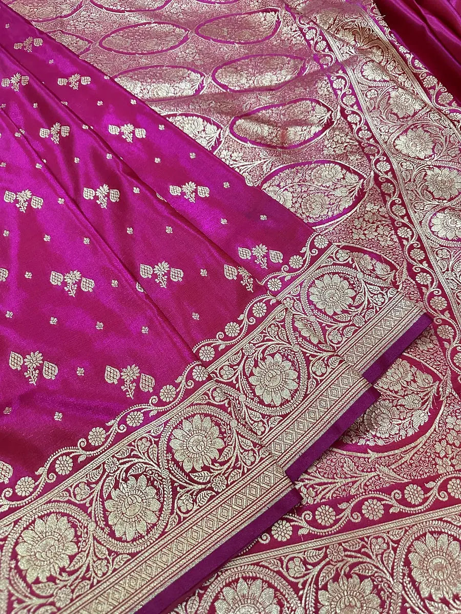 Satin Silk Banarasi Saree in Rani Pink | Katan Banaras