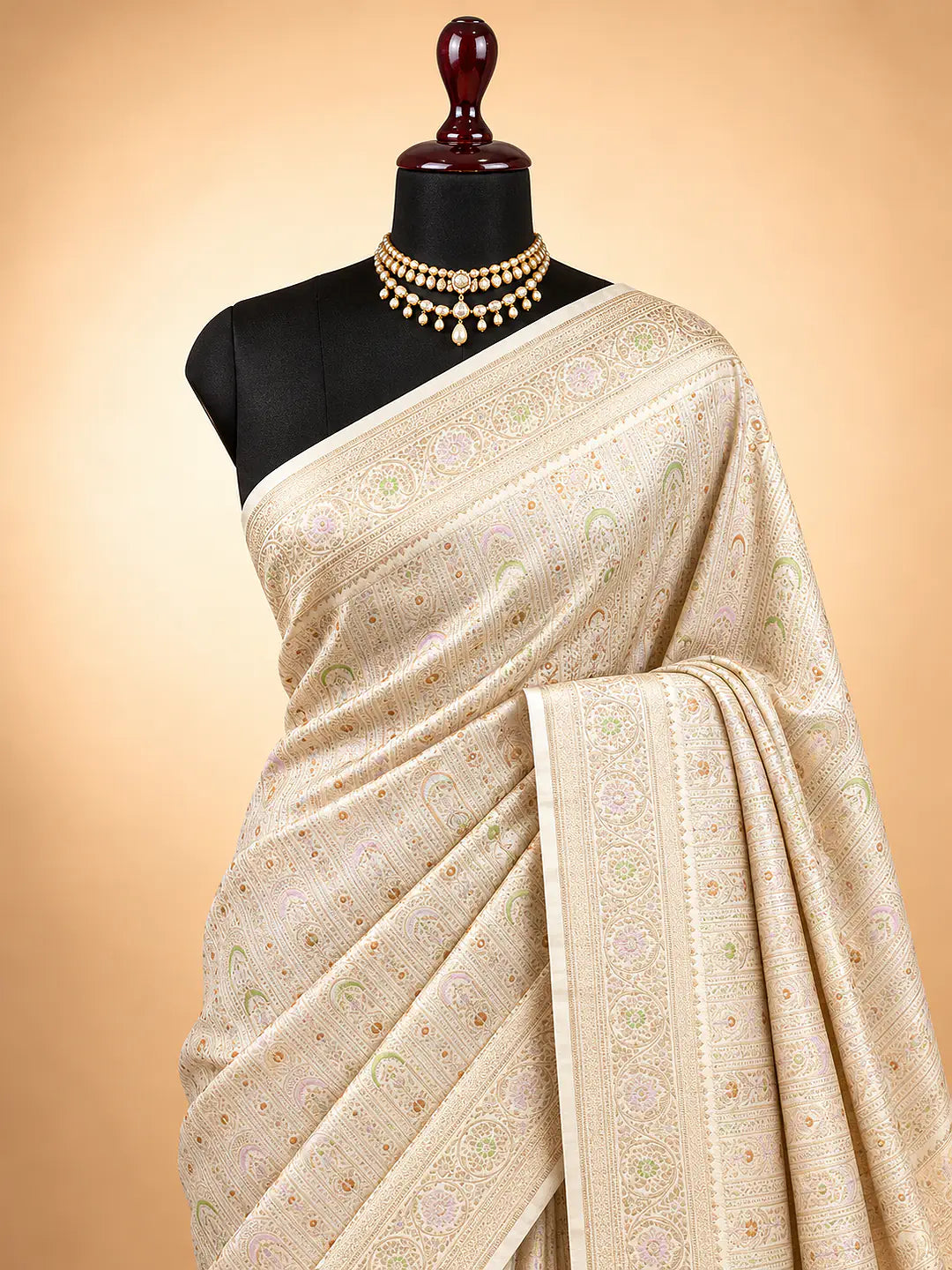 Ivory Garden Glow — Pure Katan Silk Brocade Tilfi Meena Alowar Banarasi Saree