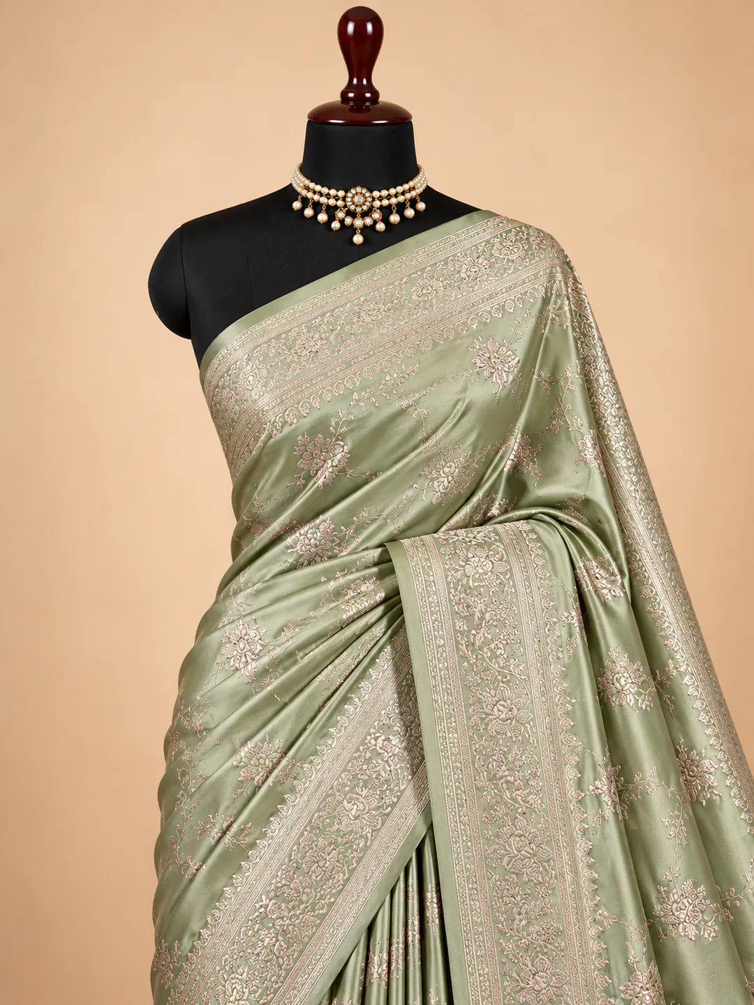 Golden Garden — Mashru Silk Banarasi Saree in Pistachio Beige