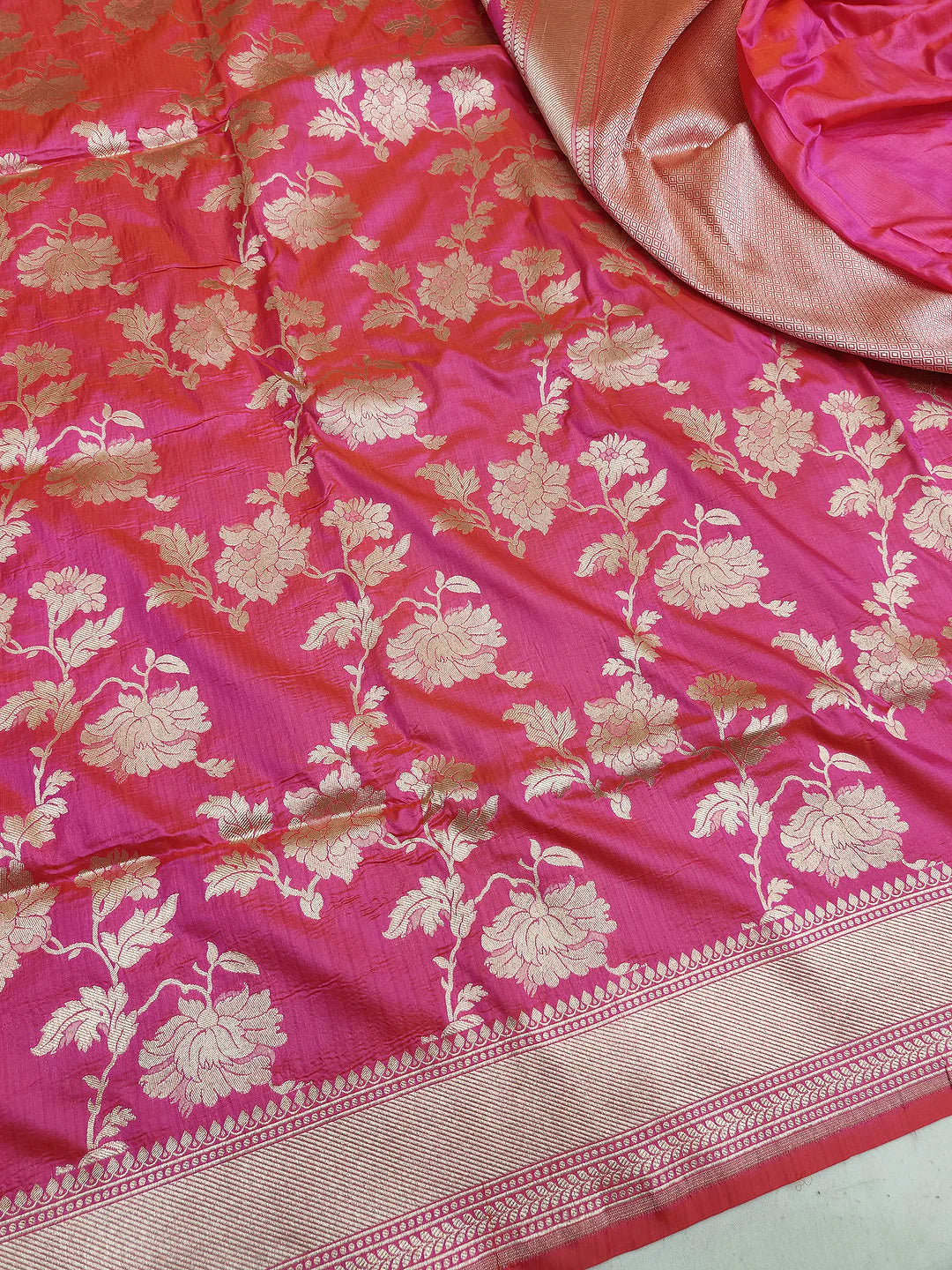 Hot Pink Pure Katan Silk Banarasi Saree with Gold Zari Floral Jaal & Classic Scalloped Border