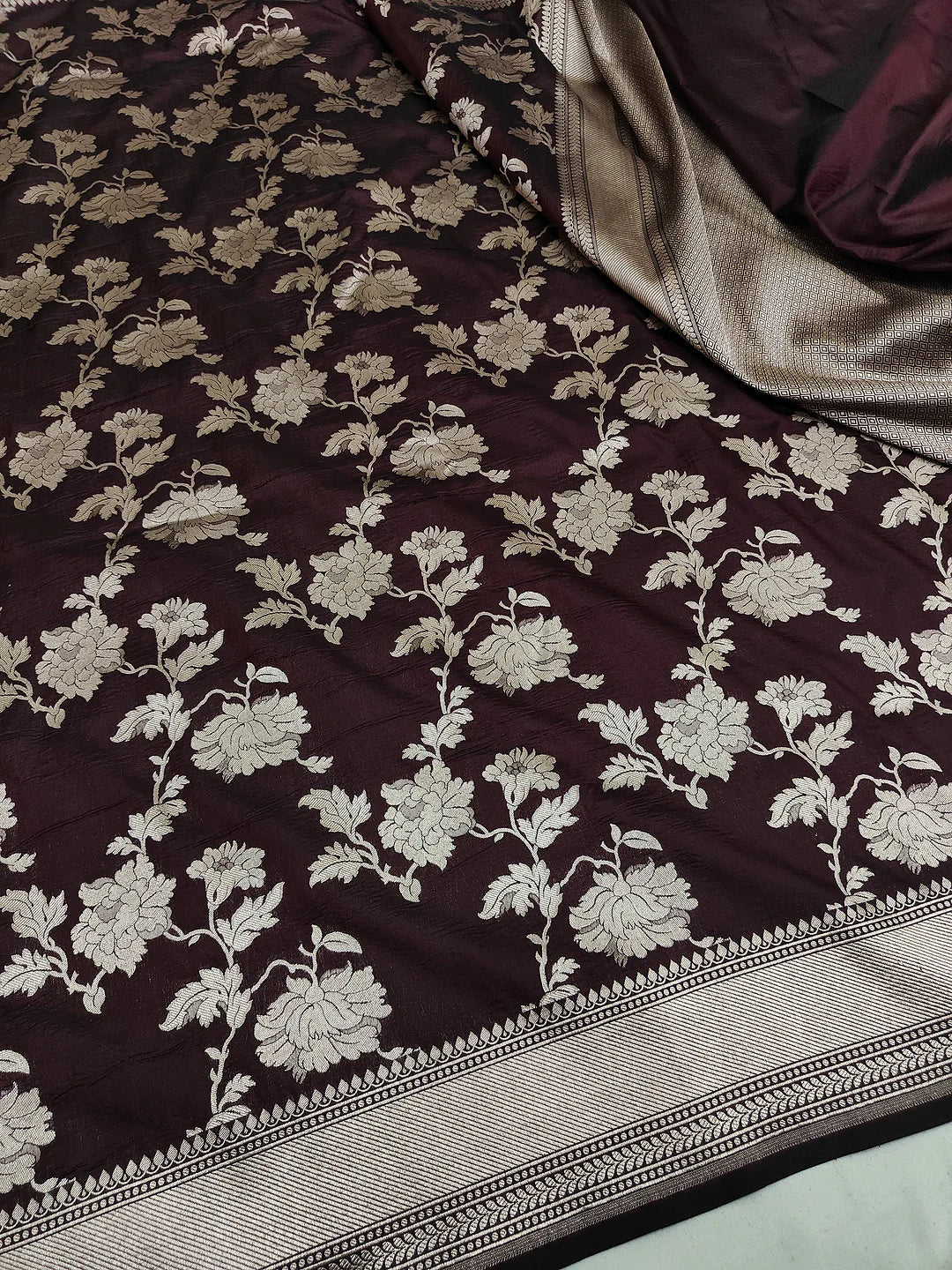 Pure Katan Silk Banarasi Saree | Dark Chocolate Jangla Chrysanthemum Vine Jaal | Antique Silver Zari Weave | KATAN BANARAS