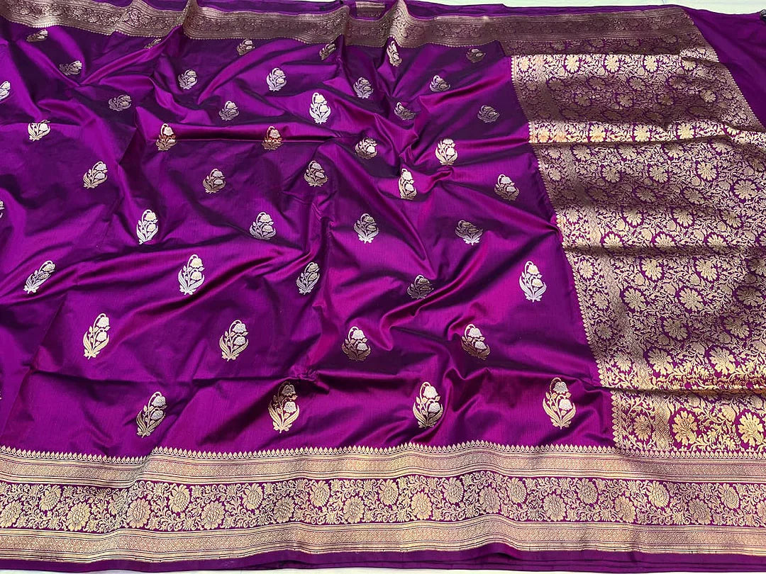 Pure Katan Silk Banarasi Handloom Kadhwa Buta Saree in Royal Purple with Antique Gold Zari