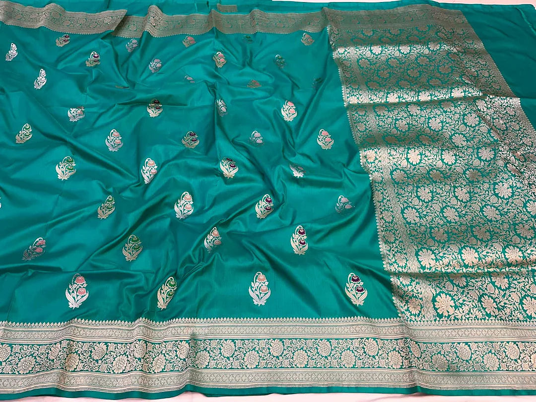 Teal Green Pure Katan Silk Banarasi Handloom Kadhwa Buta Saree with Antique Gold Zari