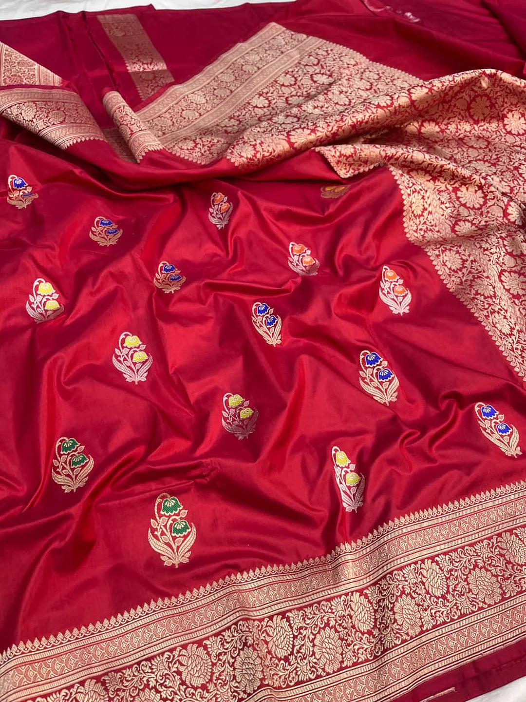 Pure Katan Silk Banarasi Handloom Kadhwa Buta Saree in Deep Red with Antique Gold Zari and Multicolor Meenakari
