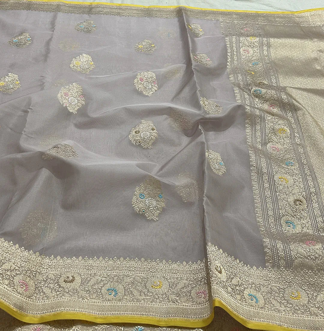 Pearl Meadow — Pure Kora Silk Banarasi Saree in Pearl Grey