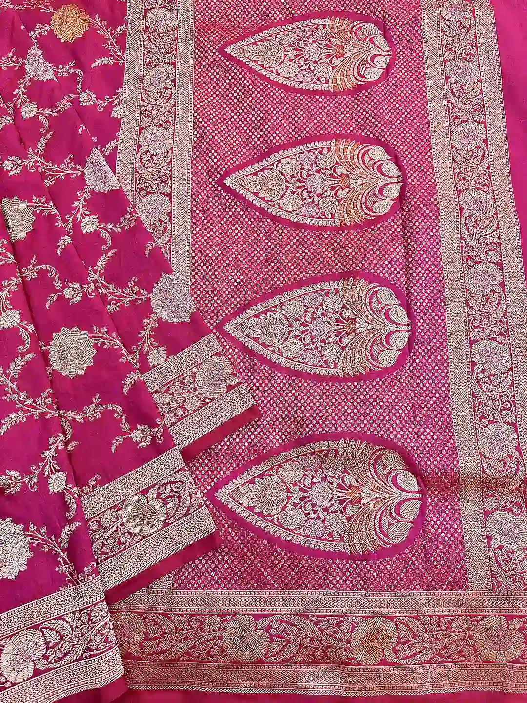Pure Katan Silk Jangla Tilfi Minakari Banarasi Saree in Rani Pink