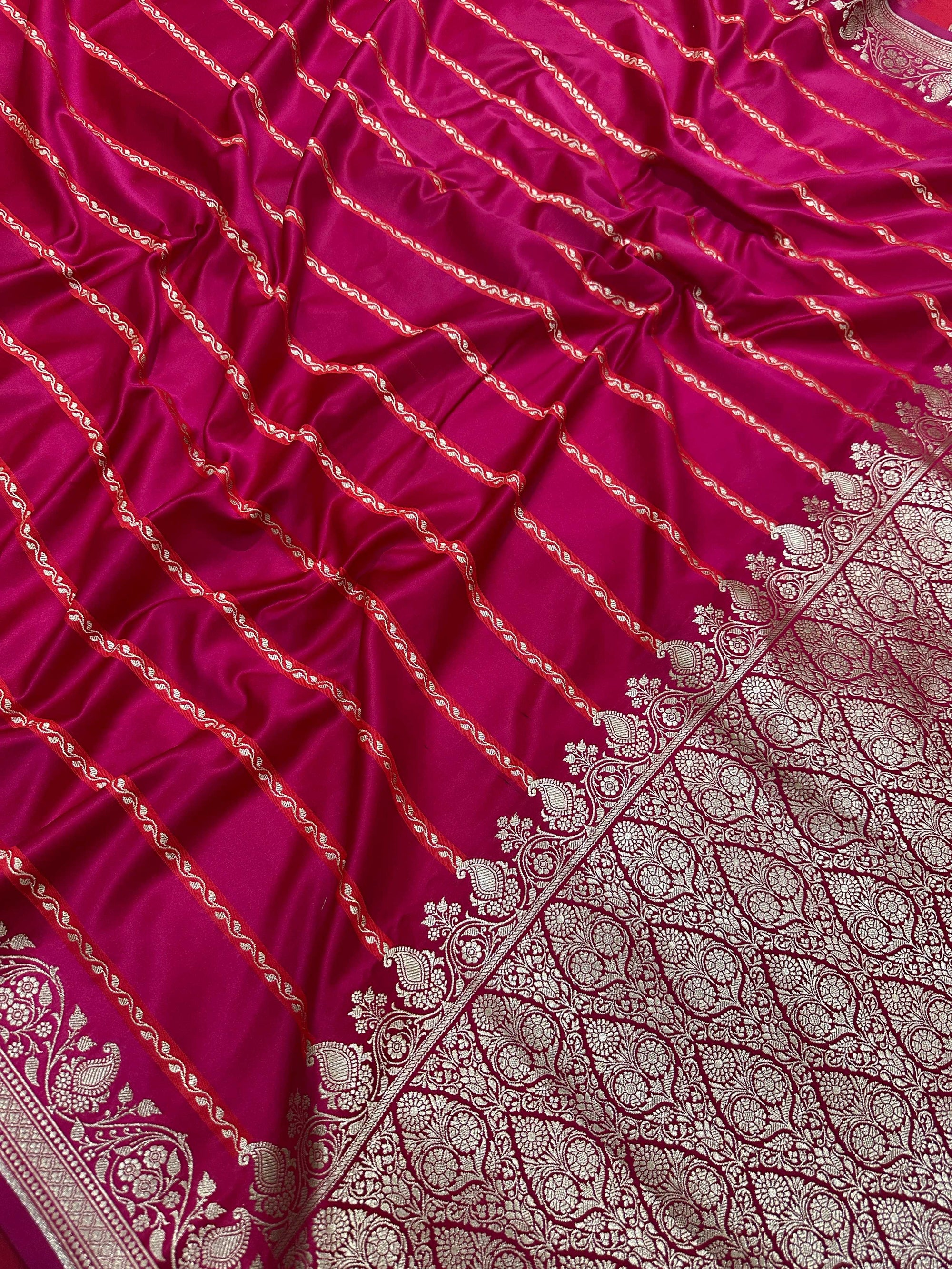 Magenta Mashru Silk Stripe Design Zari Border Brocade Aanchal Saree