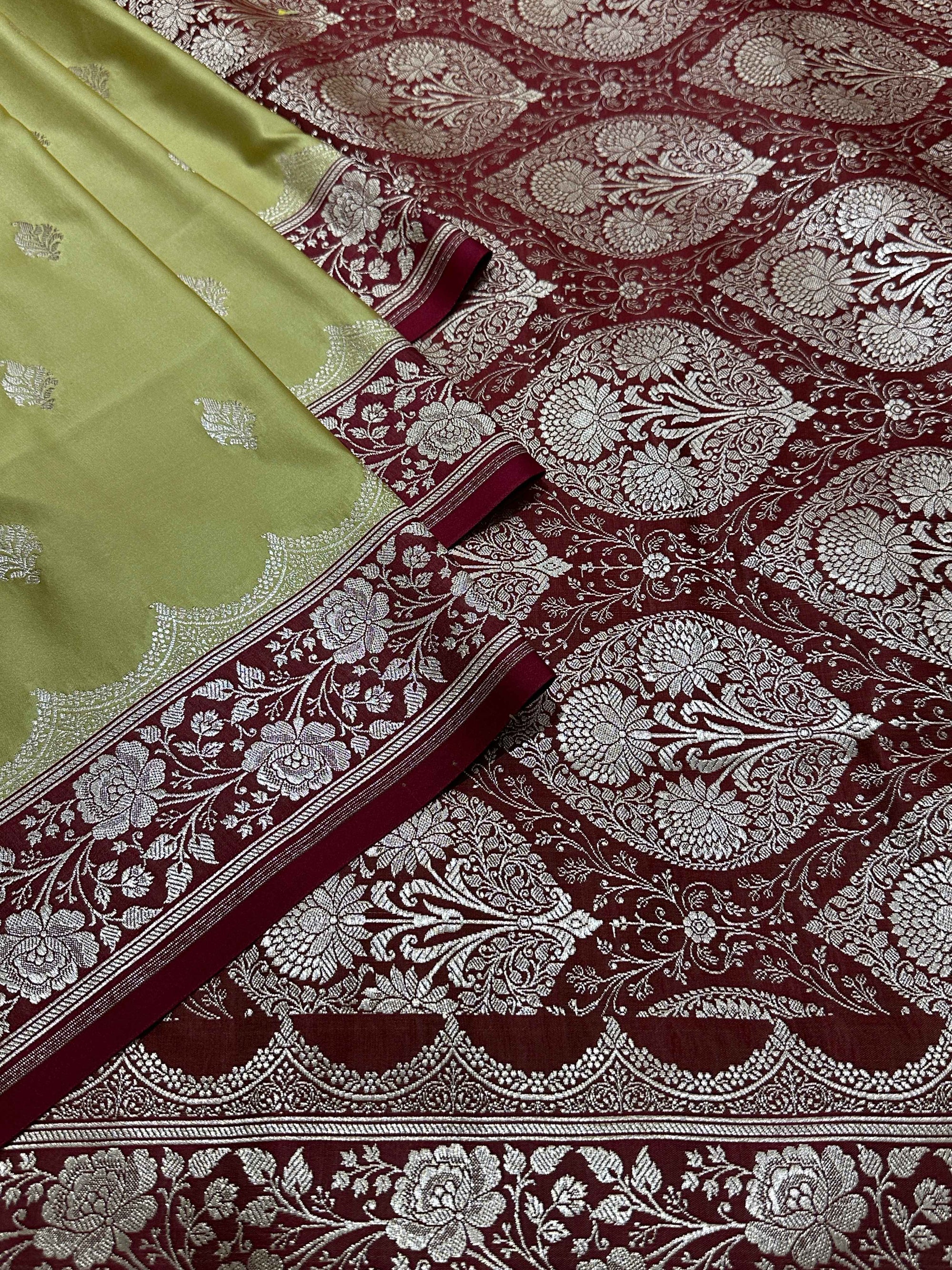 Pista & Red Contrast Mashru Silk Banarasi Zari Border Brocade Aanchal Saree