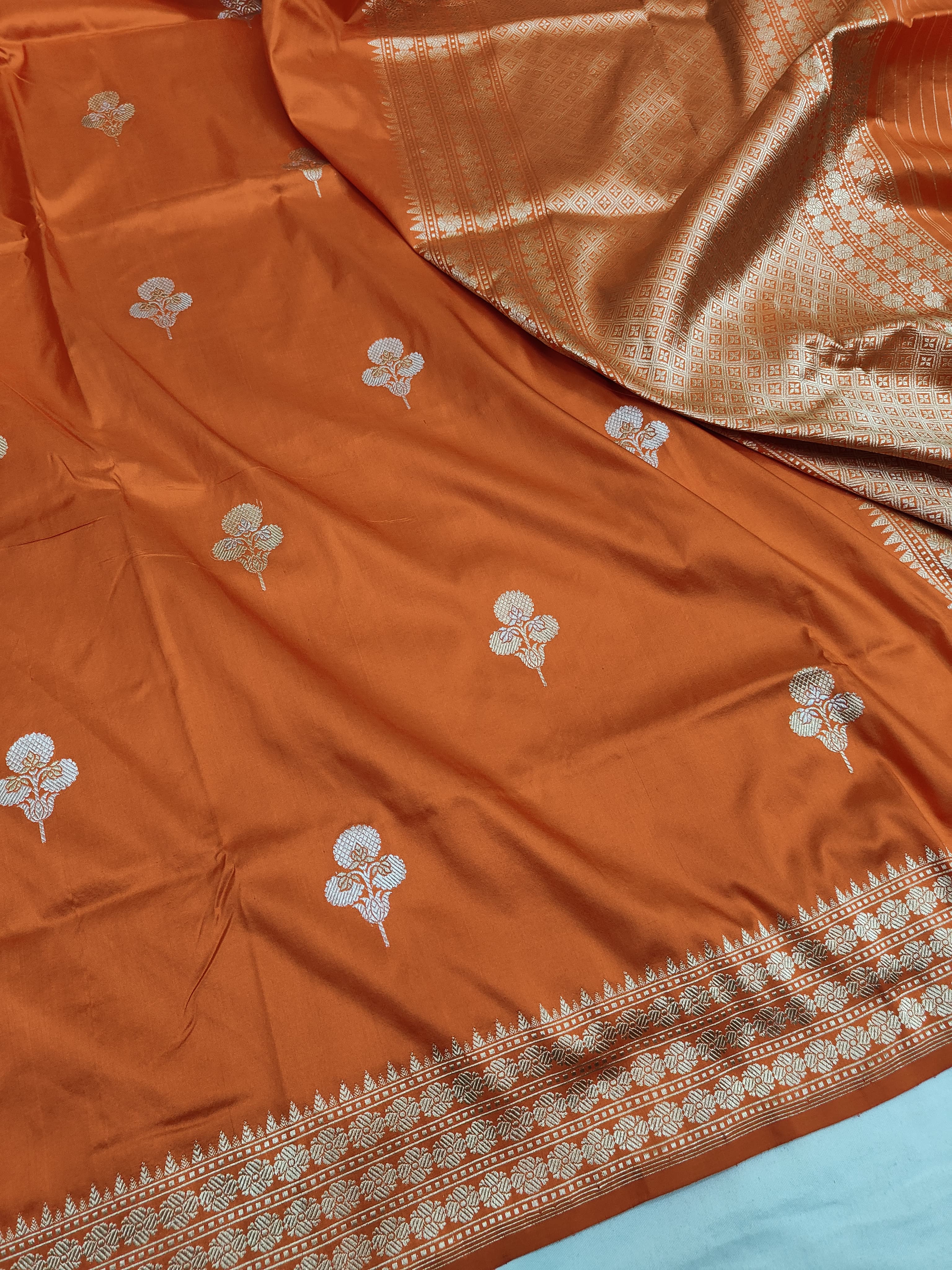 Pure Katan Silk Kadhwa Buta Handloom Banarasi Saree | Orange