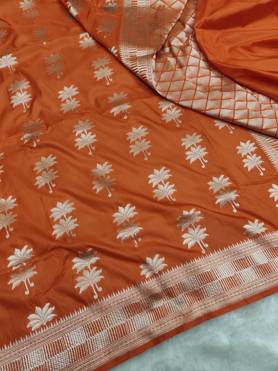 Rust Orange Uppada Buta Pure Katan Silk Banarasi Handwoven Saree