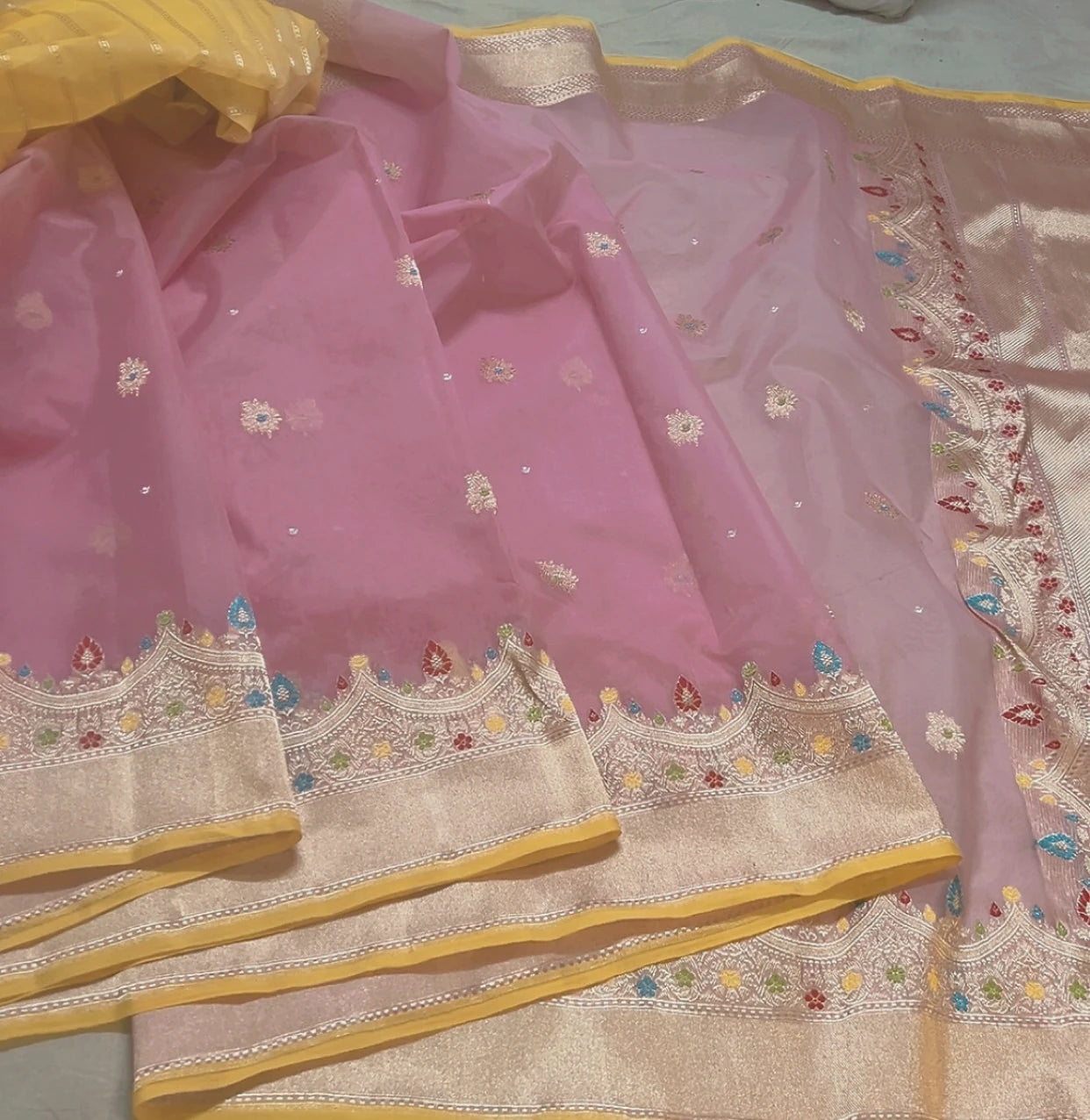 Pure Kora Silk Banarasi Saree | Baby Pink Kadhwa Buta | Tilfi Meenakari Border | KATAN BANARAS