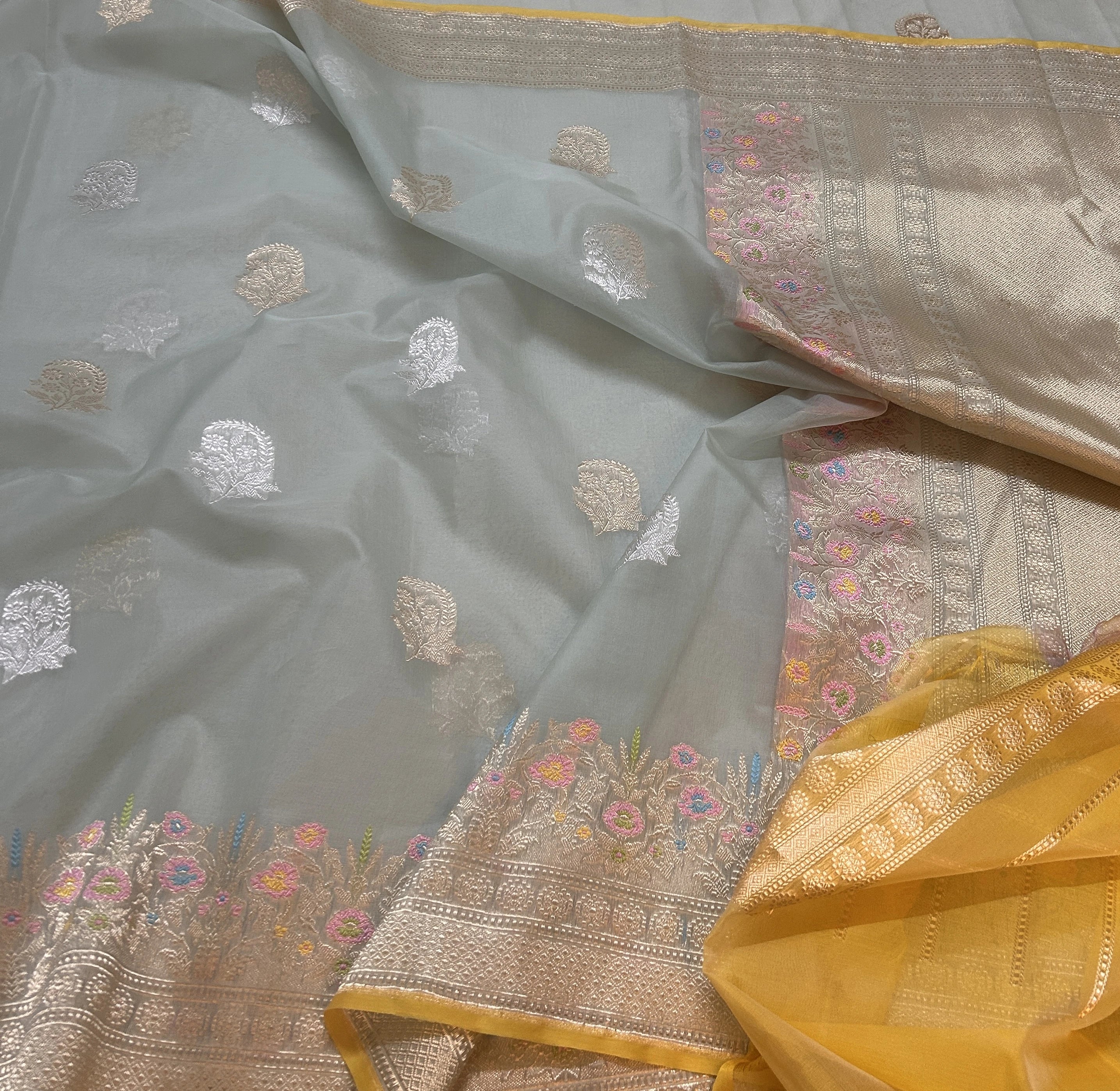 Pure Kora Silk Banarasi Saree | Ice Blue Kadhwa Floral Buta | Sona Rupa Zari & Tilfi Meenakari | KATAN BANARAS