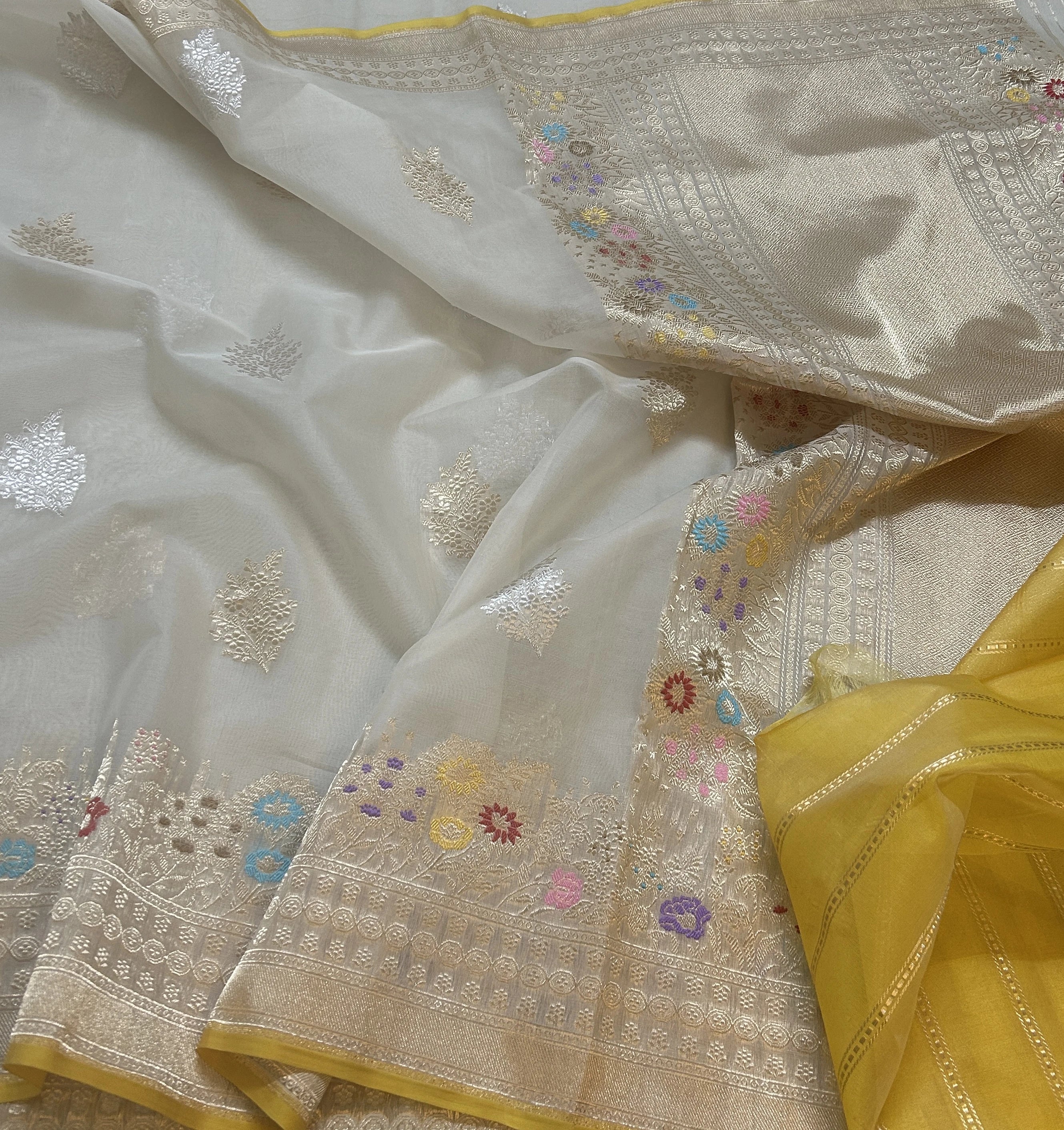 Pure Kora Silk Banarasi Saree | Ivory White Kadhwa Kairi Buta | Sona Rupa Zari & Tilfi Meenakari Floral Border | KATAN BANARAS