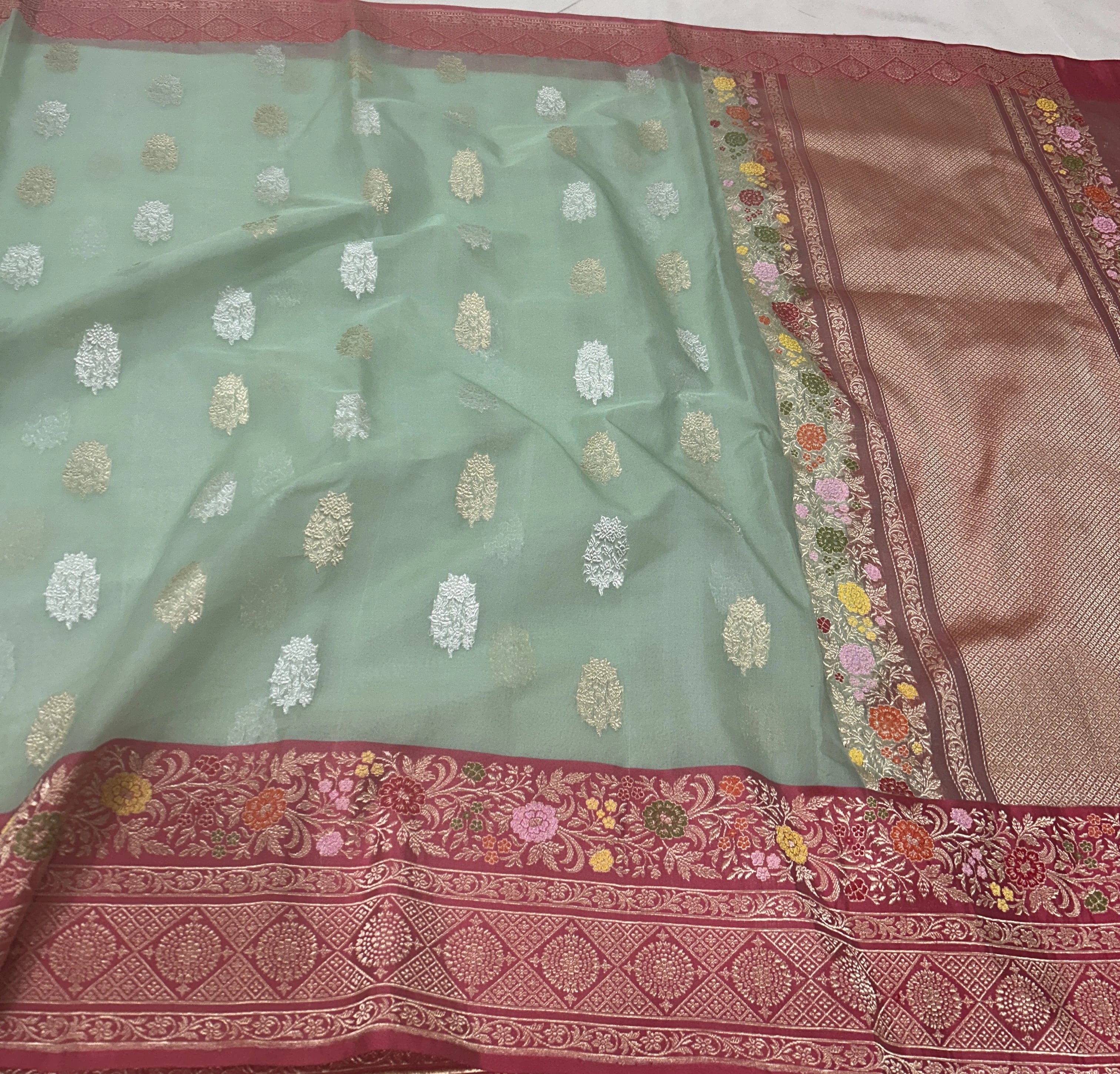 Pure Kora Silk Banarasi Saree | Sage Green Kadhwa Floral Buta | Sona Rupa Zari & Tilfi Meenakari Rose Border | KATAN BANARAS