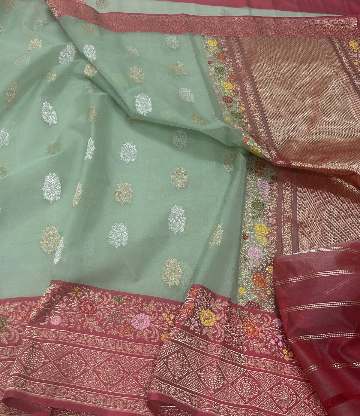 Pure Kora Silk Banarasi Saree | Sage Green Kadhwa Floral Buta | Sona Rupa Zari & Tilfi Meenakari Rose Border | KATAN BANARAS