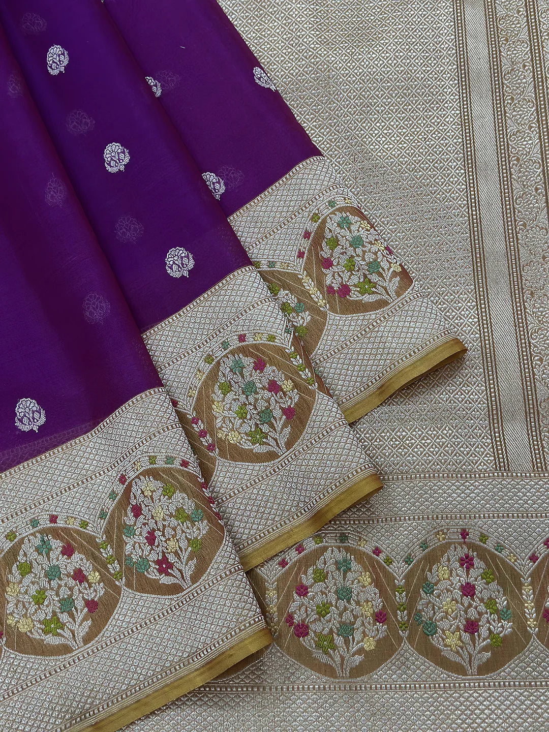 Pure Kora Silk Kadhwa Buti Handloom Banarasi Saree | Royal Purple Meenakari Border | KATAN BANARAS