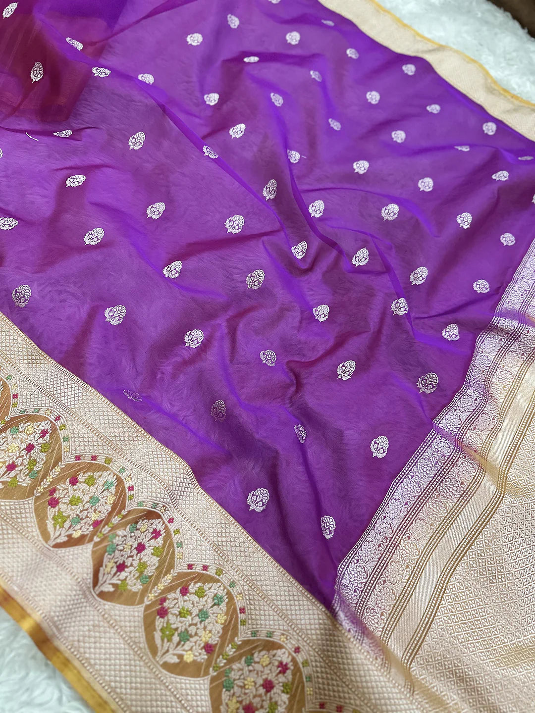 Pure Kora Silk Kadhwa Buti Handloom Banarasi Saree | Royal Purple Meenakari Border | KATAN BANARAS