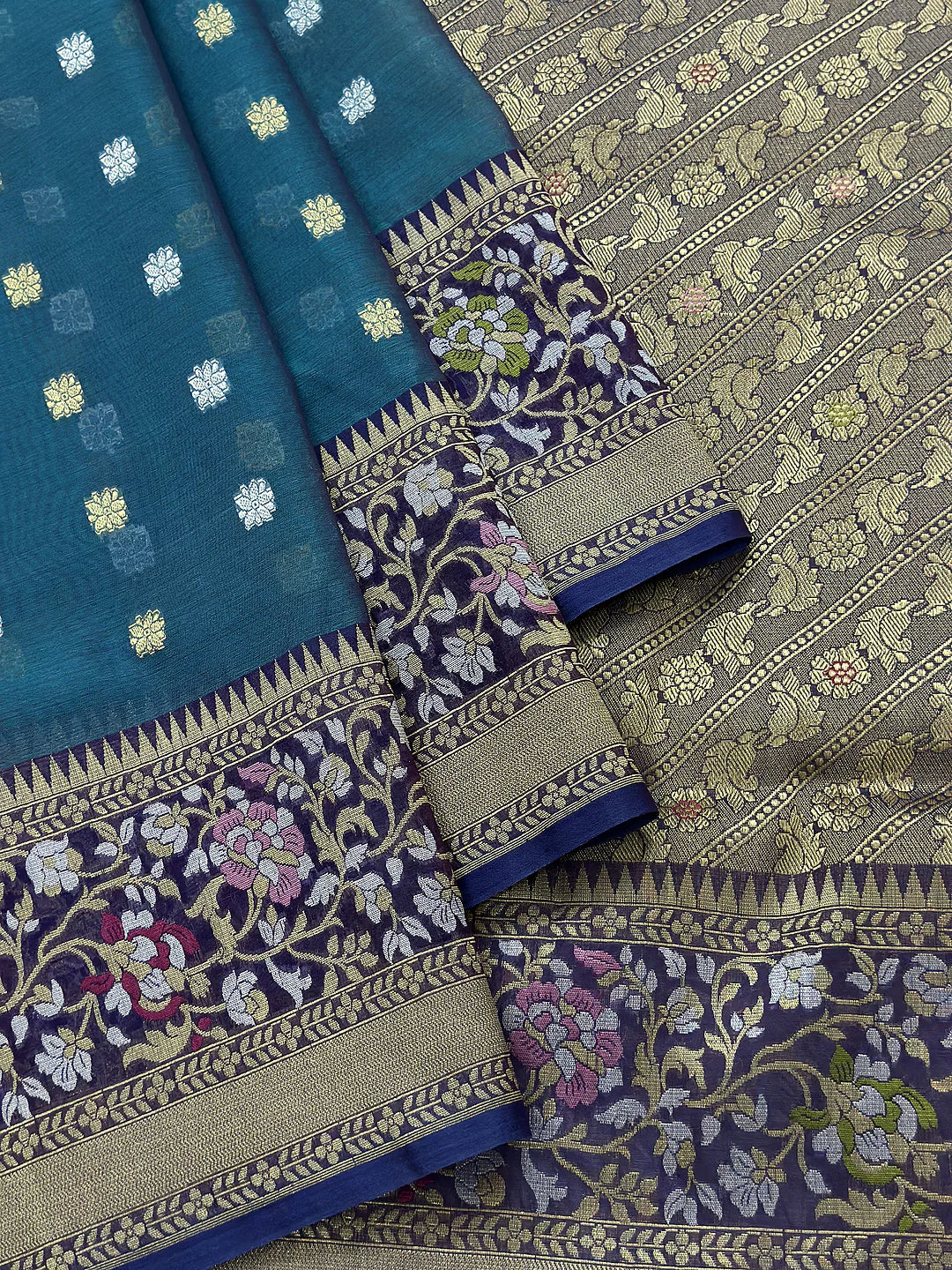 Pure Kora Silk Kadhwa Buti Sona Rupa Zari Handloom Banarasi Saree | Teal Peacock Blue with Purple Meenakari Border | KATAN BANARAS