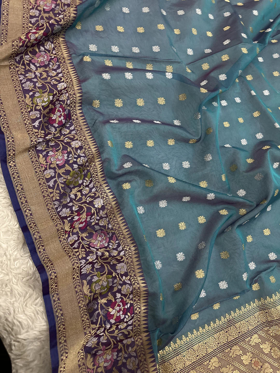 Pure Kora Silk Kadhwa Buti Sona Rupa Zari Handloom Banarasi Saree | Teal Peacock Blue with Purple Meenakari Border | KATAN BANARAS
