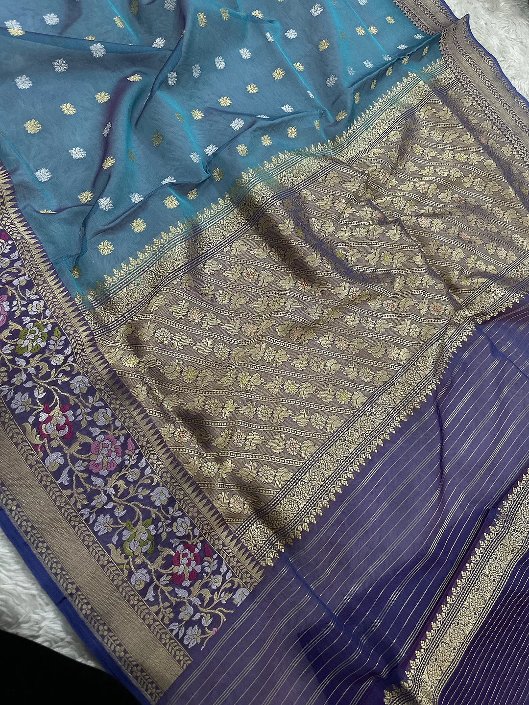 Pure Kora Silk Kadhwa Buti Sona Rupa Zari Handloom Banarasi Saree | Teal Peacock Blue with Purple Meenakari Border | KATAN BANARAS
