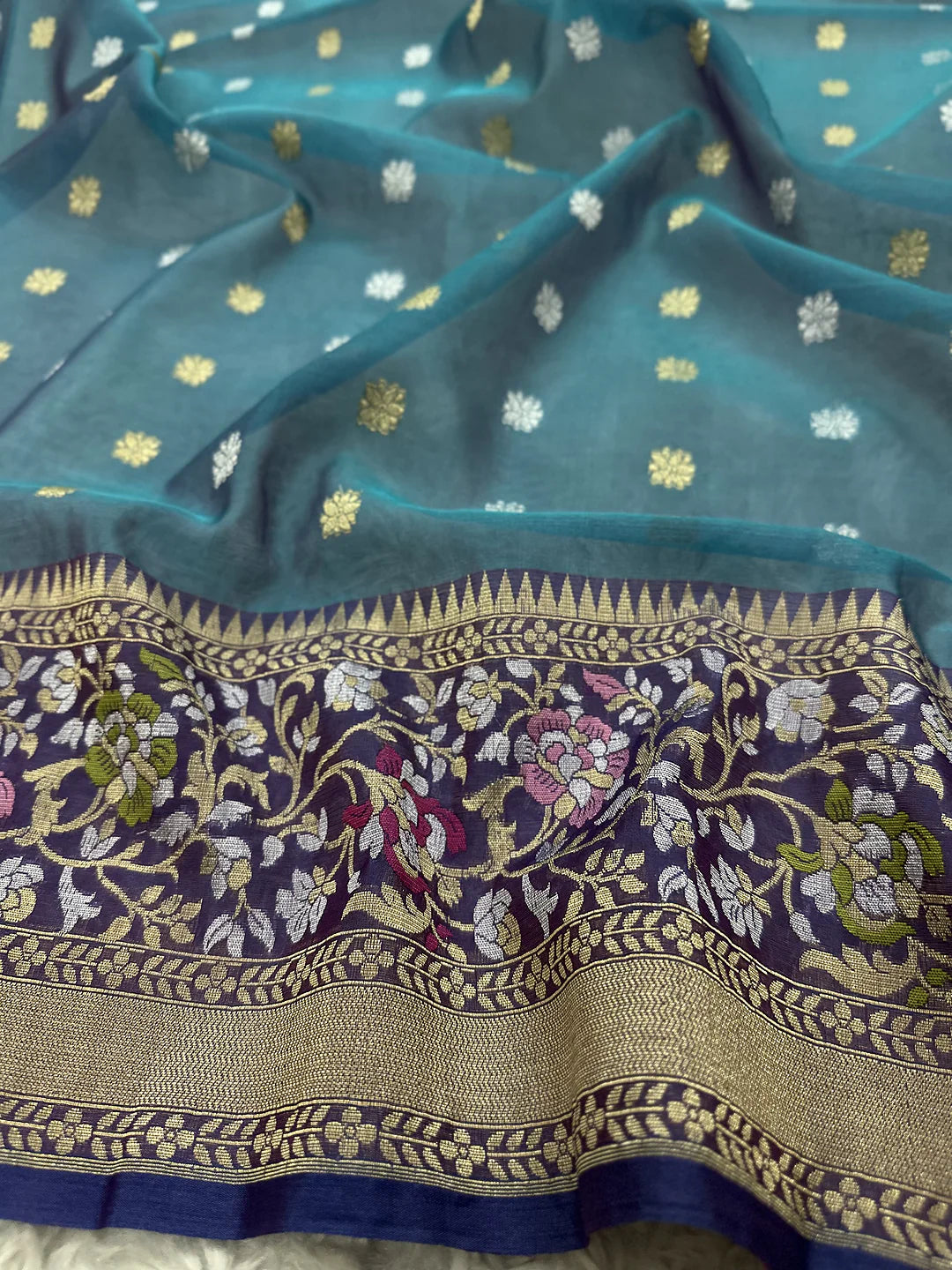 Pure Kora Silk Kadhwa Buti Sona Rupa Zari Handloom Banarasi Saree | Teal Peacock Blue with Purple Meenakari Border | KATAN BANARAS