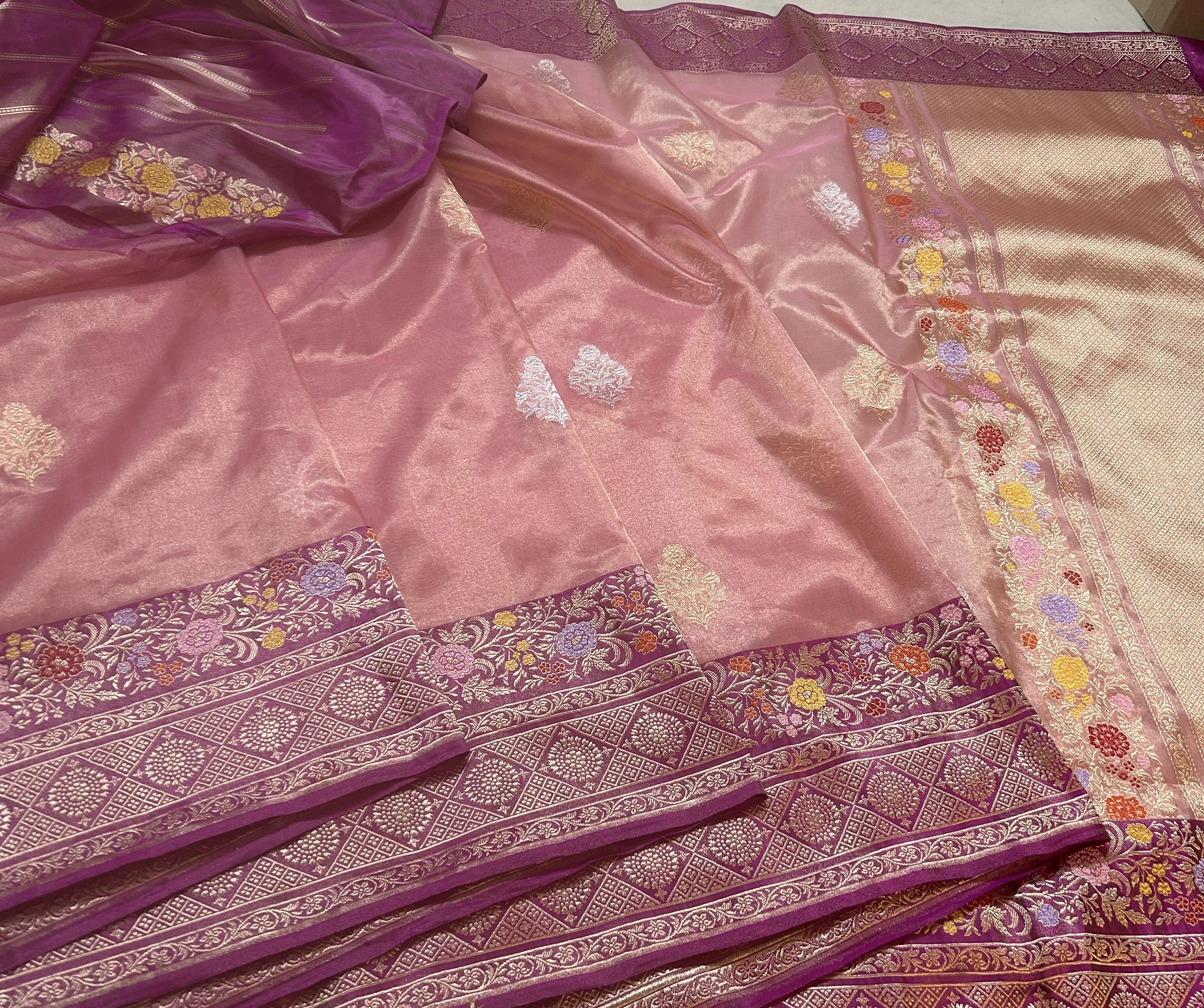 Pure Kora Tissue Banarasi Saree | Dusty Rose Kadhwa Floral Buta | Sona Rupa Zari & Meenakari Border | KATAN BANARAS