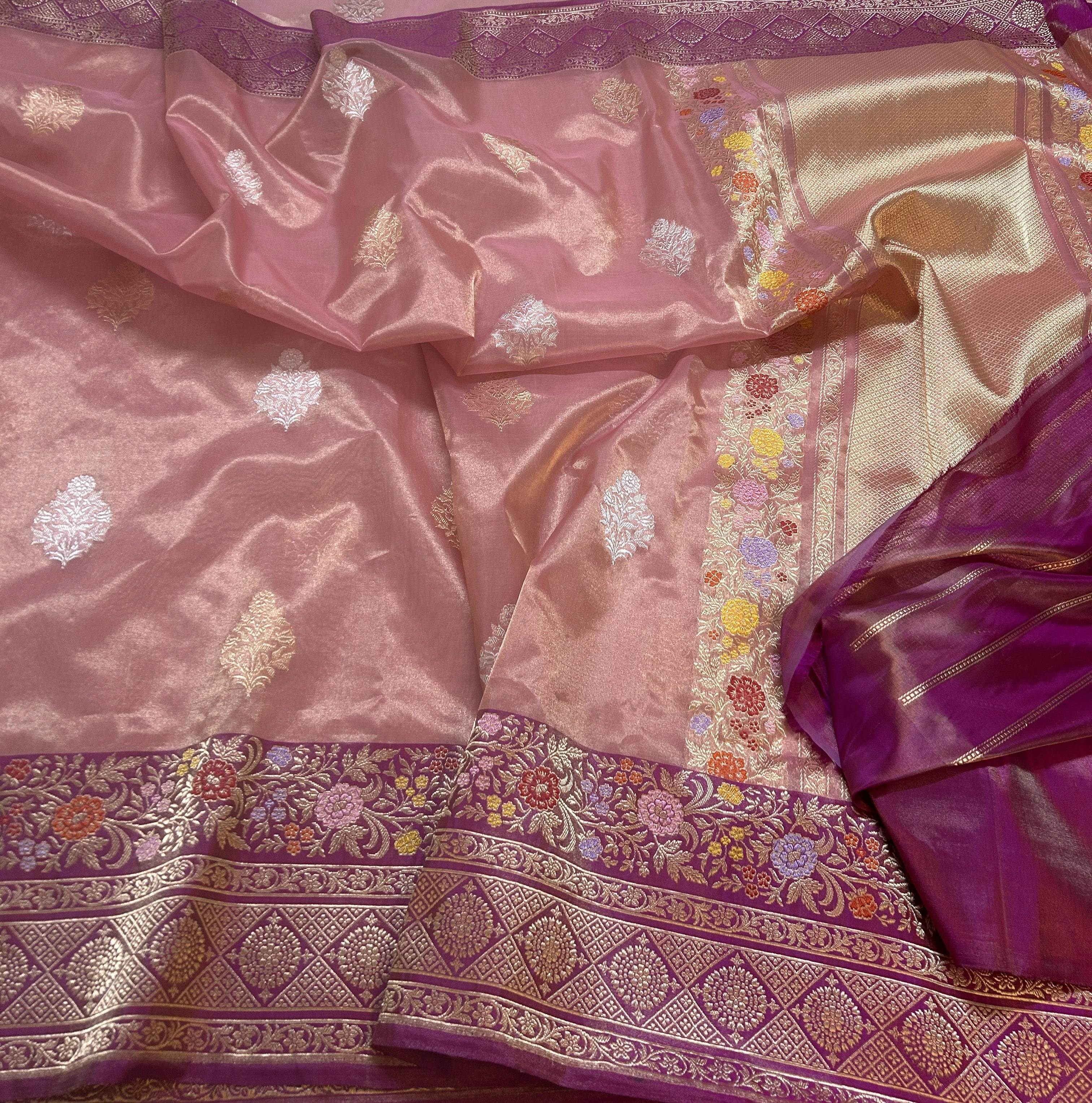 Pure Kora Tissue Banarasi Saree | Dusty Rose Kadhwa Floral Buta | Sona Rupa Zari & Meenakari Border | KATAN BANARAS