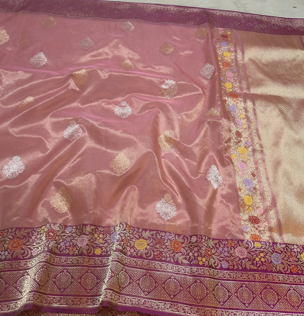 Pure Kora Tissue Banarasi Saree | Dusty Rose Kadhwa Floral Buta | Sona Rupa Zari & Meenakari Border | KATAN BANARAS