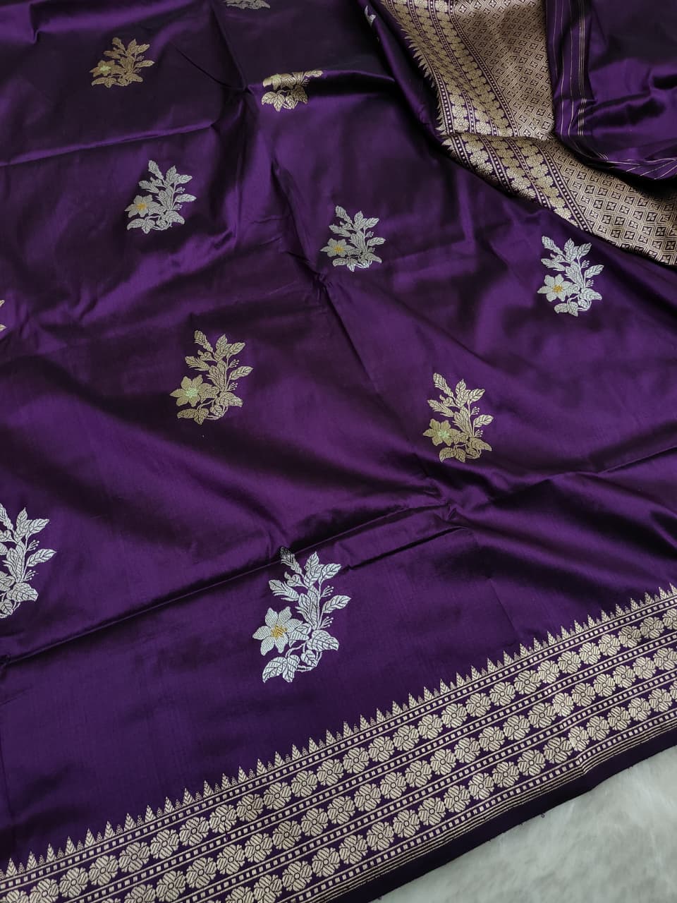 Pure Katan Silk Kadhwa Buta Banarasi Saree – Purple | Sona Rupa Zari & Tilfi Minakari