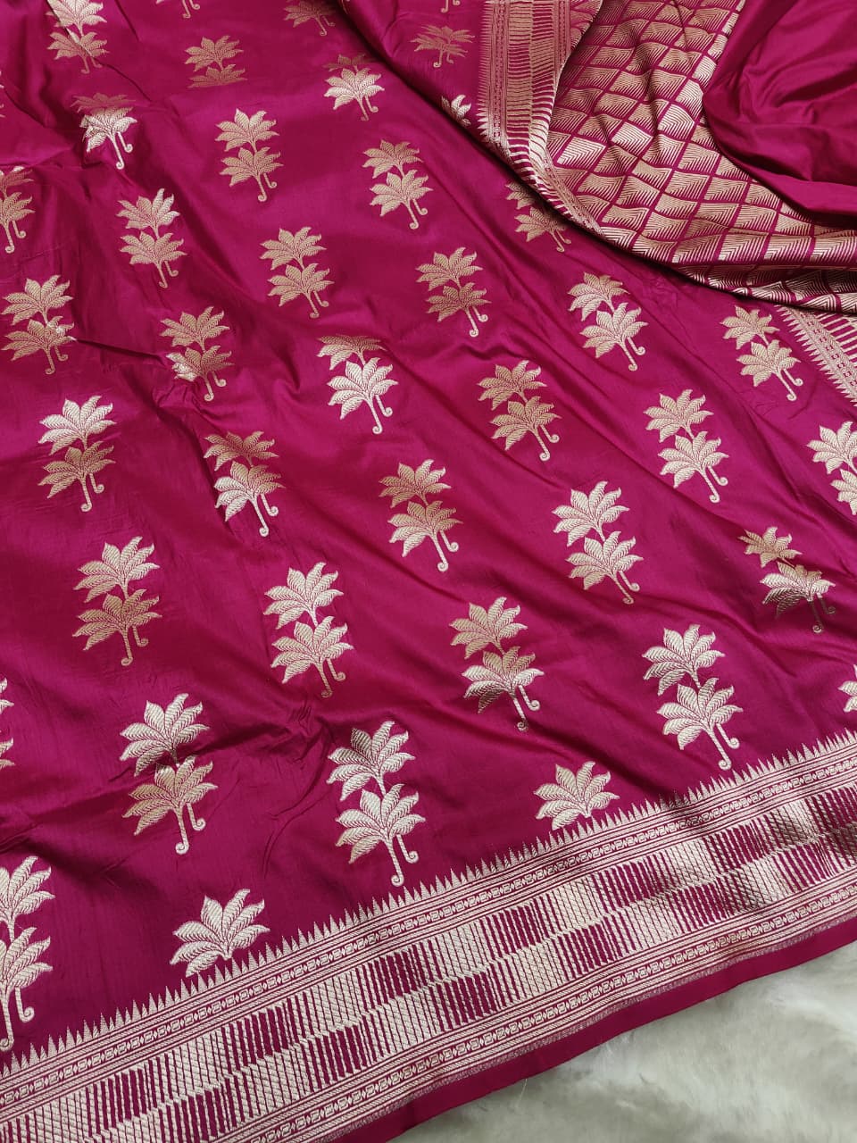 Rani Pink Uppada Buta Pure Katan Silk Banarasi Handwoven Saree — Gold Zari Tree Motifs