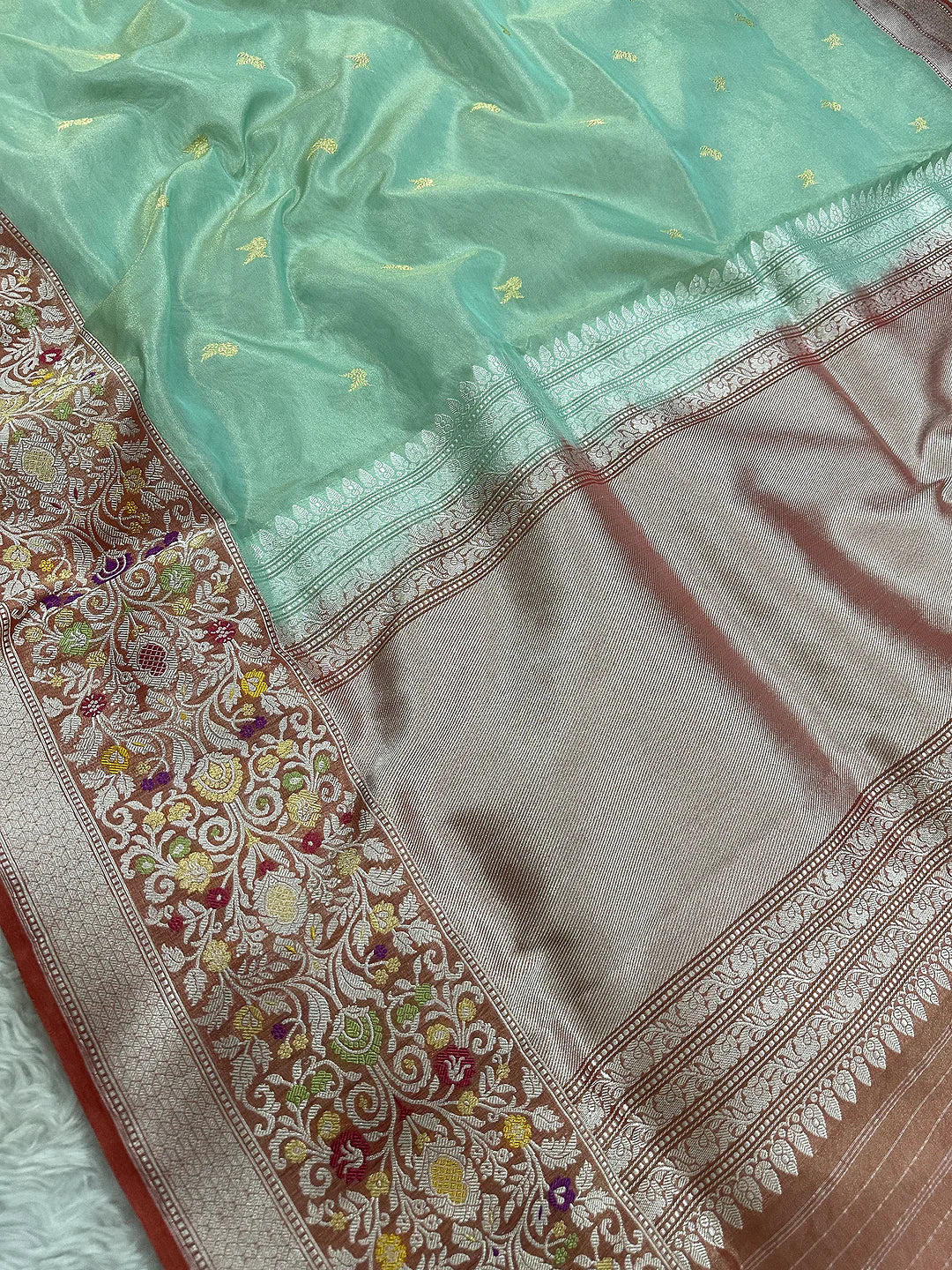 Sea Green Pure Kora Tissue Silk Banarasi Saree with Kadhwa Ektara Meenakari Border