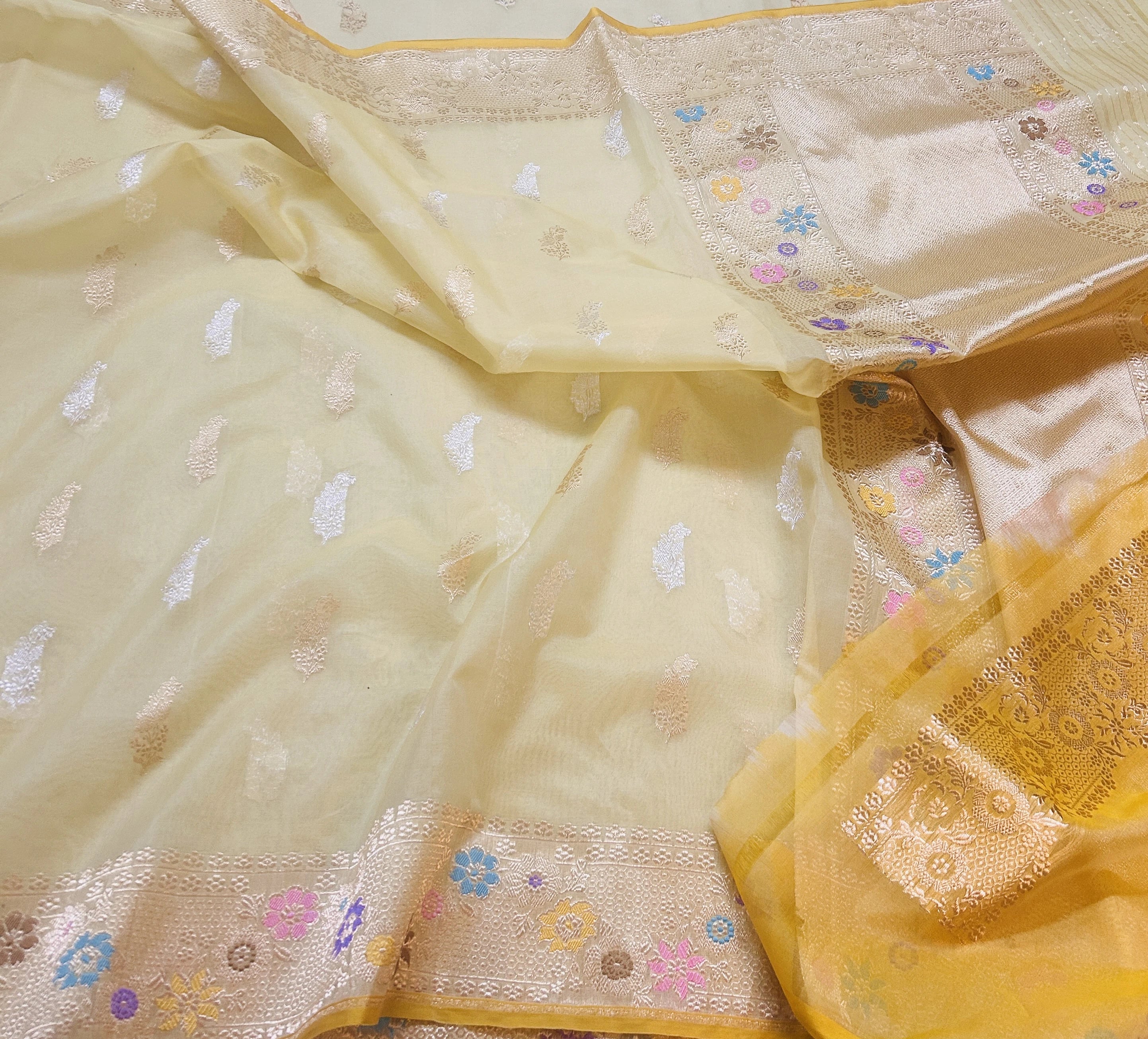 Turquoise Lemon Floral Buta Pure Kora Silk Banarasi Saree