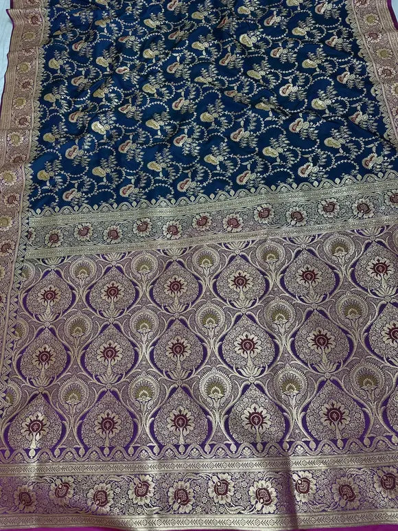 Premium Satin Silk Banarasi Saree - Royal Crimson Teal Blue